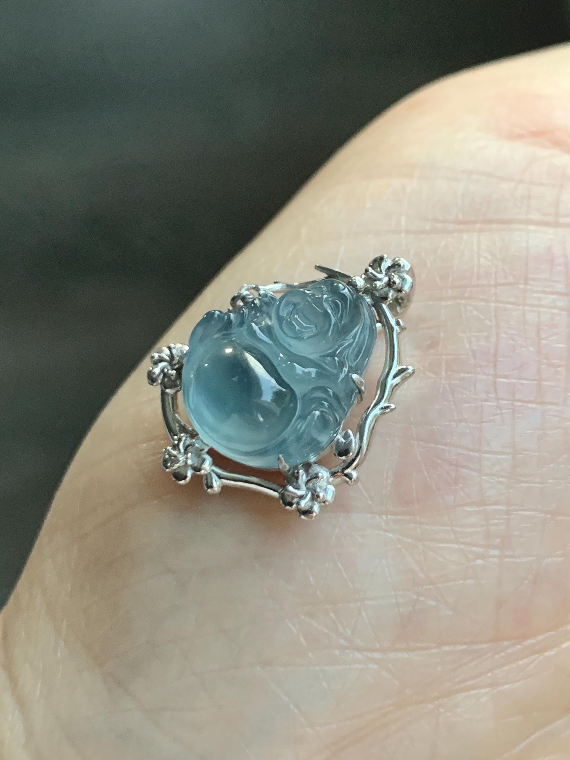 Certified Natural Grade A Guatemalan Icy Translucent Dusty Blue Jade Jadeite Buddha Petite Pendant Sterling Silver 3.12g 天然冰胶危蓝翡翠佛公镶嵌吊坠 162