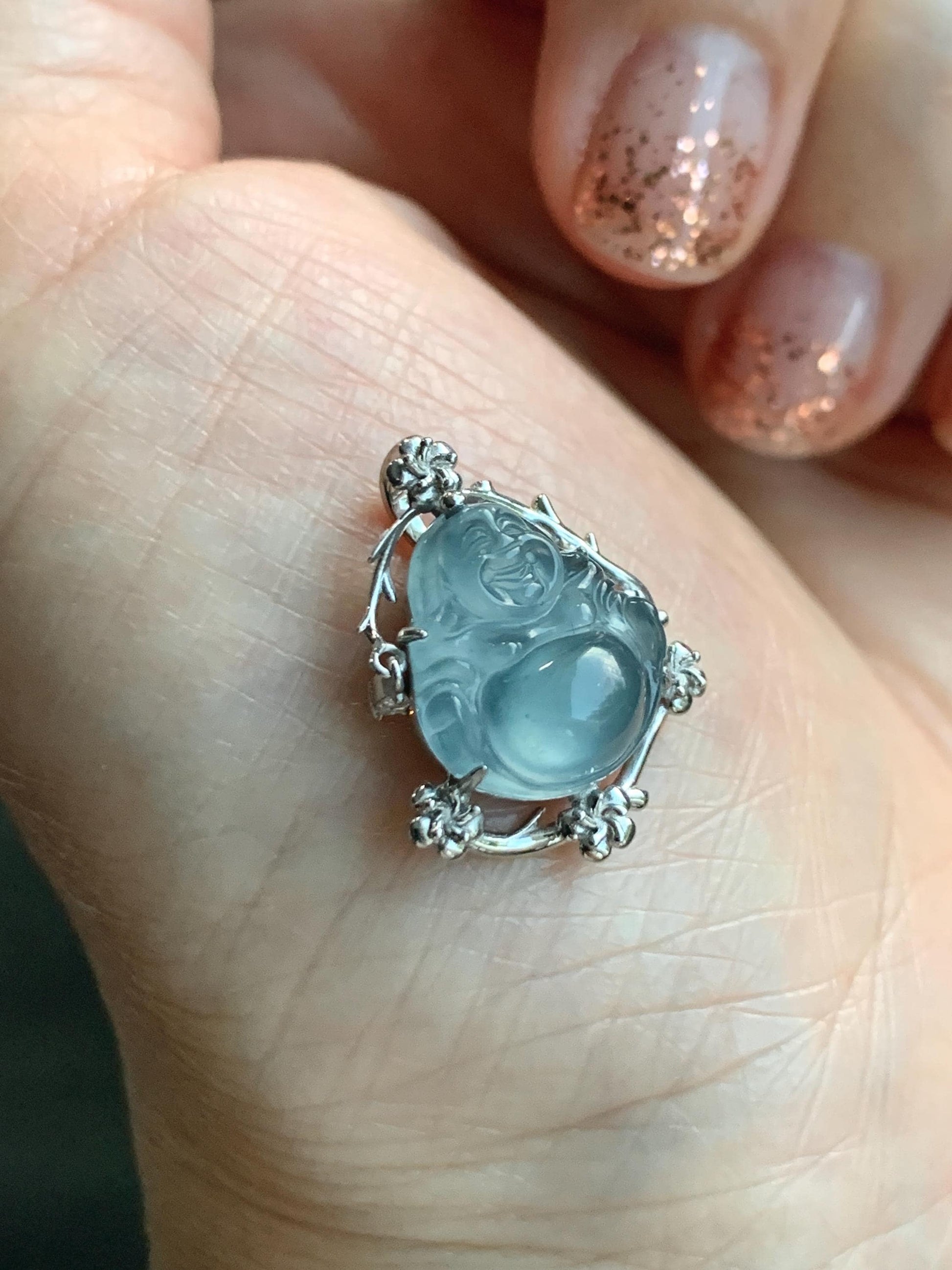 Certified Natural Grade A Guatemalan Icy Translucent Dusty Blue Jade Jadeite Buddha Petite Pendant Sterling Silver 3.12g 天然冰胶危蓝翡翠佛公镶嵌吊坠 162