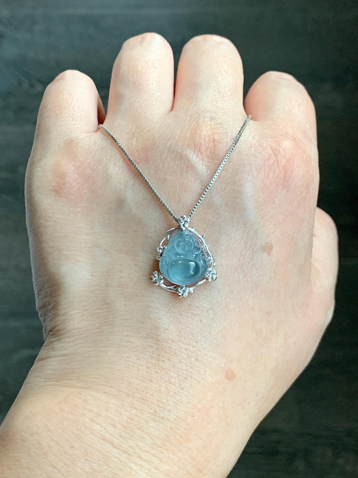 Certified Natural Grade A Guatemalan Icy Translucent Dusty Blue Jade Jadeite Buddha Petite Pendant Sterling Silver 3.12g 天然冰胶危蓝翡翠佛公镶嵌吊坠 162