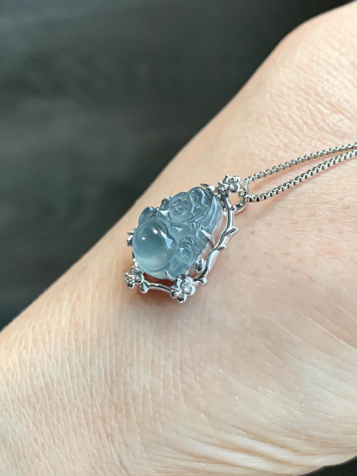 Certified Natural Grade A Guatemalan Icy Translucent Dusty Blue Jade Jadeite Buddha Petite Pendant Sterling Silver 3.12g 天然冰胶危蓝翡翠佛公镶嵌吊坠 162