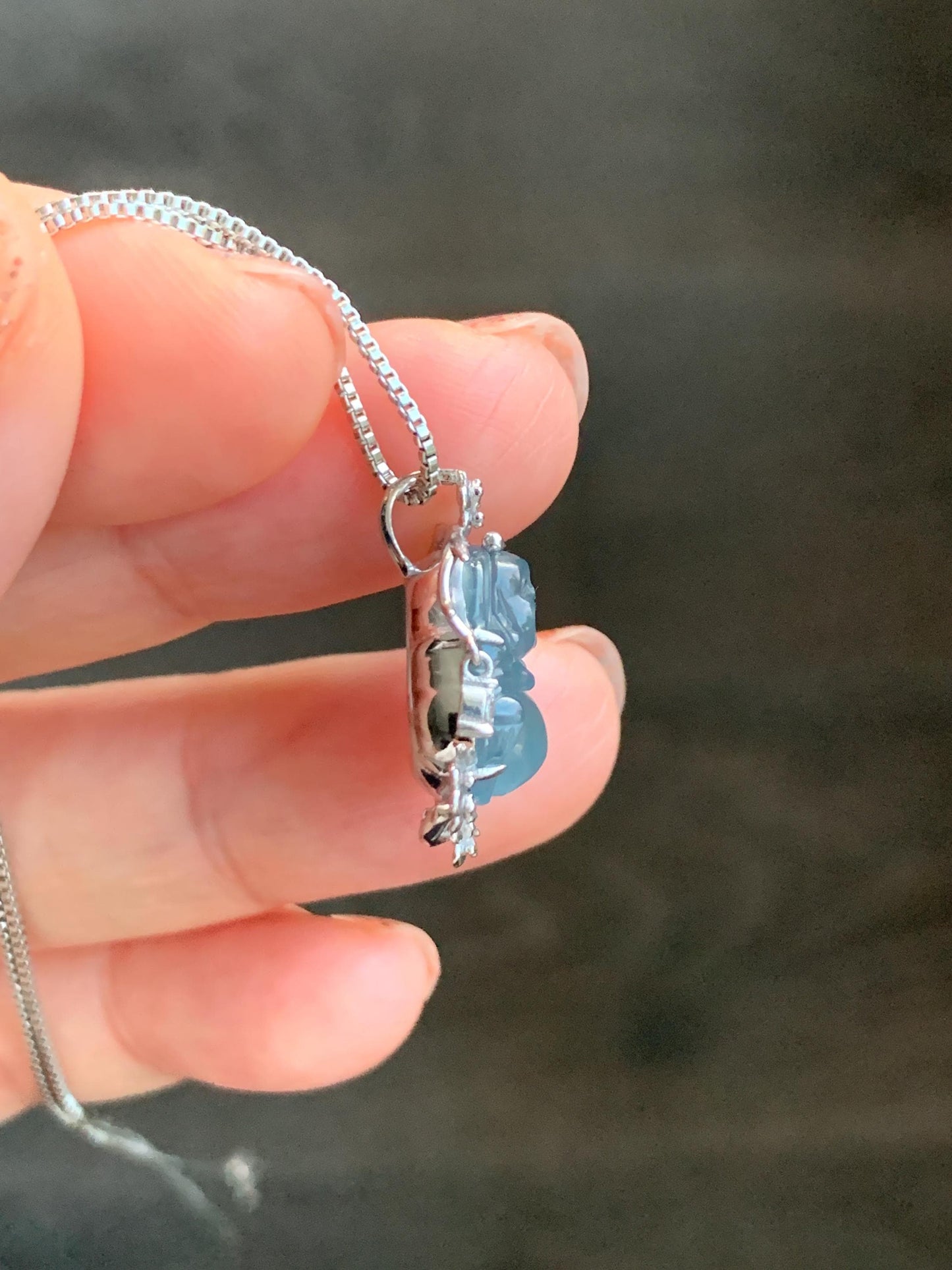 Certified Natural Grade A Guatemalan Icy Translucent Dusty Blue Jade Jadeite Buddha Petite Pendant Sterling Silver 3.12g 天然冰胶危蓝翡翠佛公镶嵌吊坠 162
