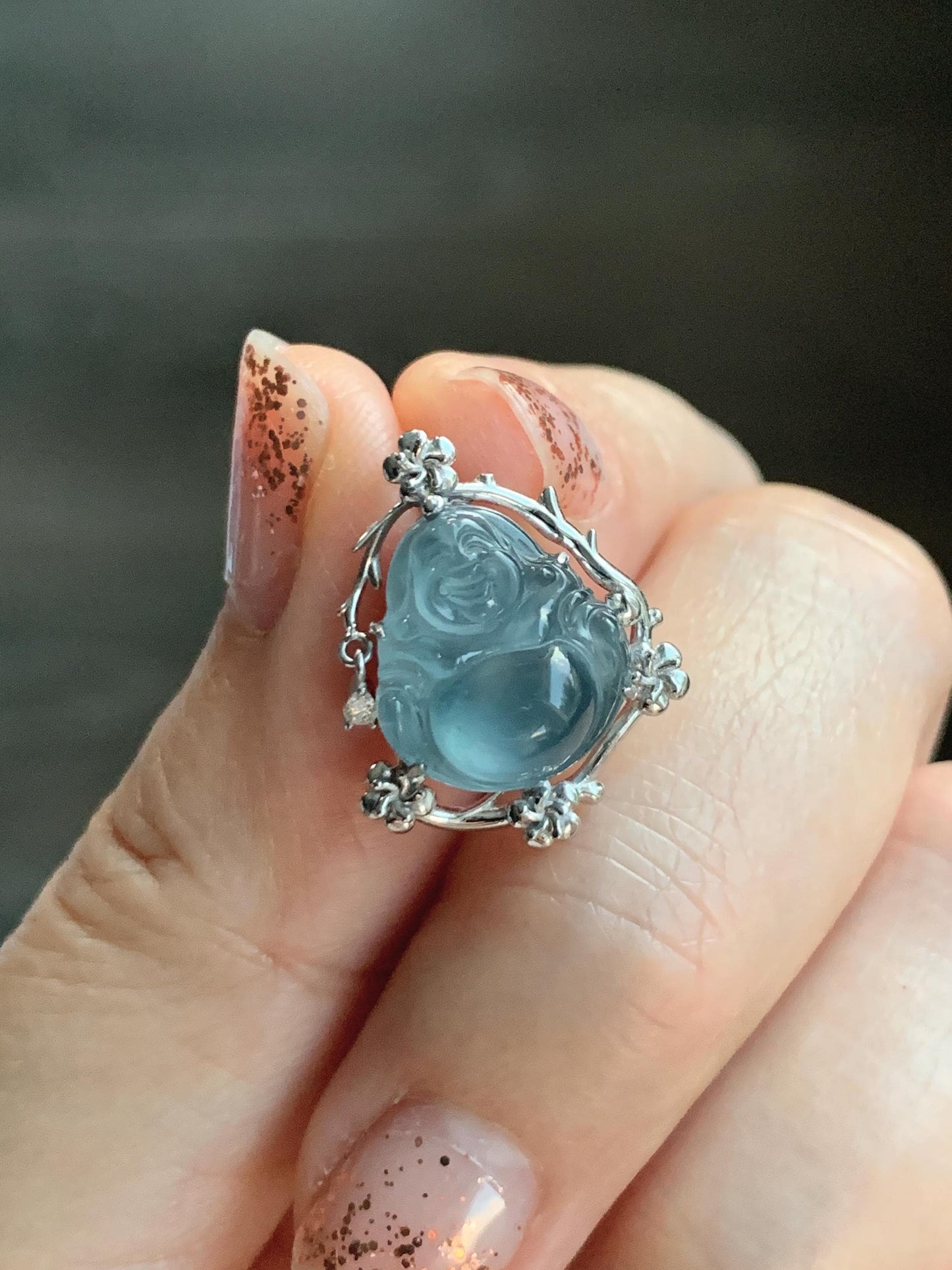 Certified Natural Grade A Guatemalan Icy Translucent Dusty Blue Jade Jadeite Buddha Petite Pendant Sterling Silver 3.12g 天然冰胶危蓝翡翠佛公镶嵌吊坠 162