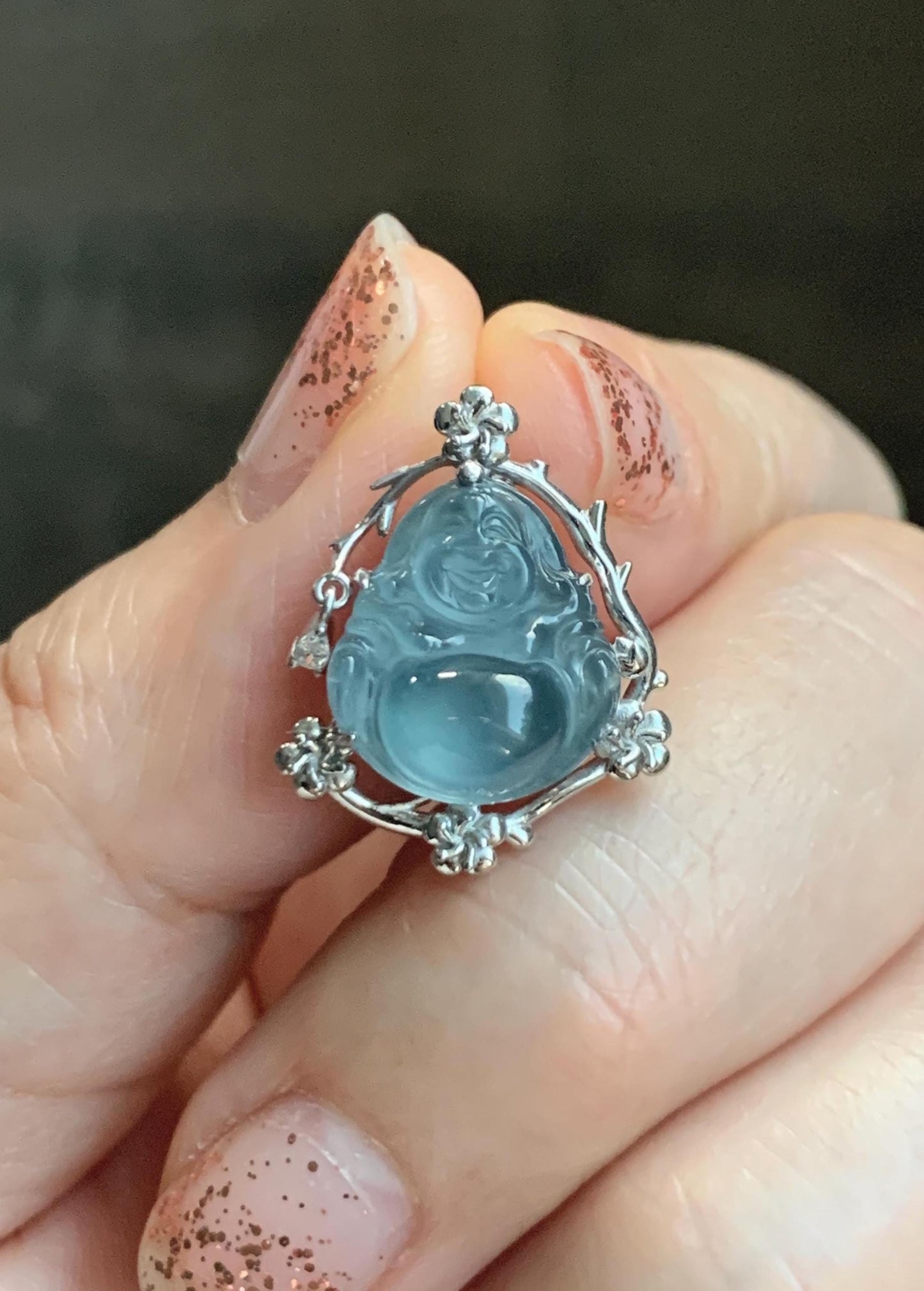 Certified Natural Grade A Guatemalan Icy Translucent Dusty Blue Jade Jadeite Buddha Petite Pendant Sterling Silver 3.12g 天然冰胶危蓝翡翠佛公镶嵌吊坠 162