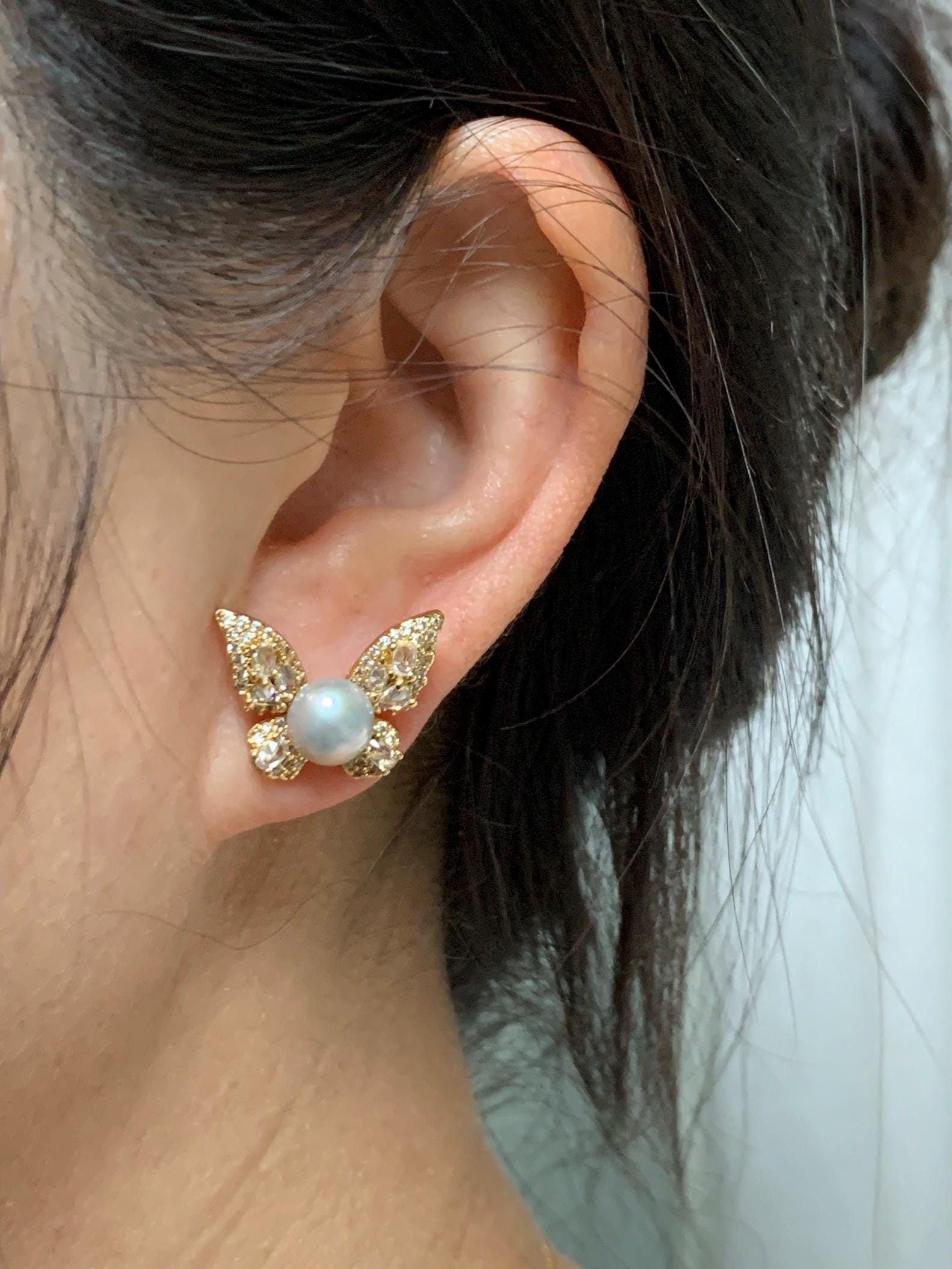 Natural Untreated Freshwater Button Pearl Silver Gray Butterfly Stud Earrings Sterling Silver Posts 7.4mm 天然淡水银灰珍珠蝴蝶纯银针包金耳钉 B