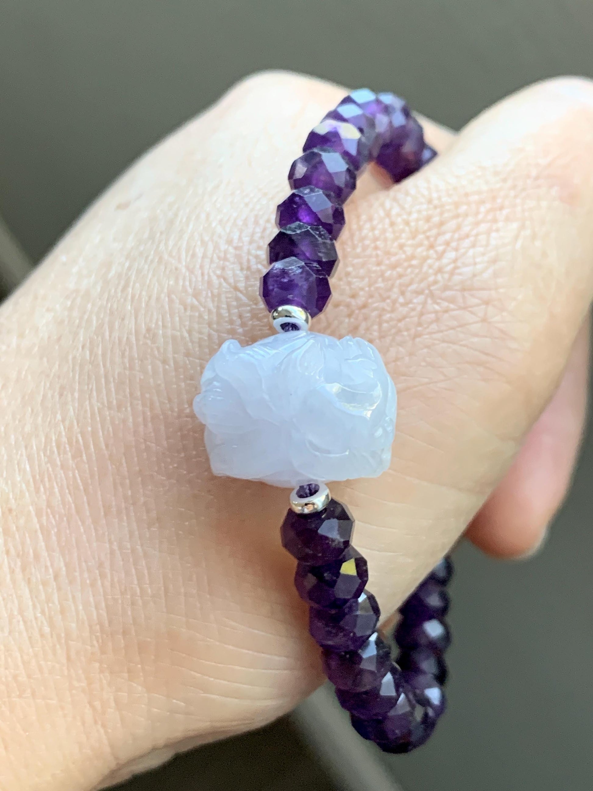 Natural Grade A Icy Pastel Purple Jade Jadeite Nine-Tailed Fox Amethyst Rondelle Faceted Beads Beaded Bracelet 7" 天然冰淡紫底翡翠九尾狐紫水晶珠手串 MJW210