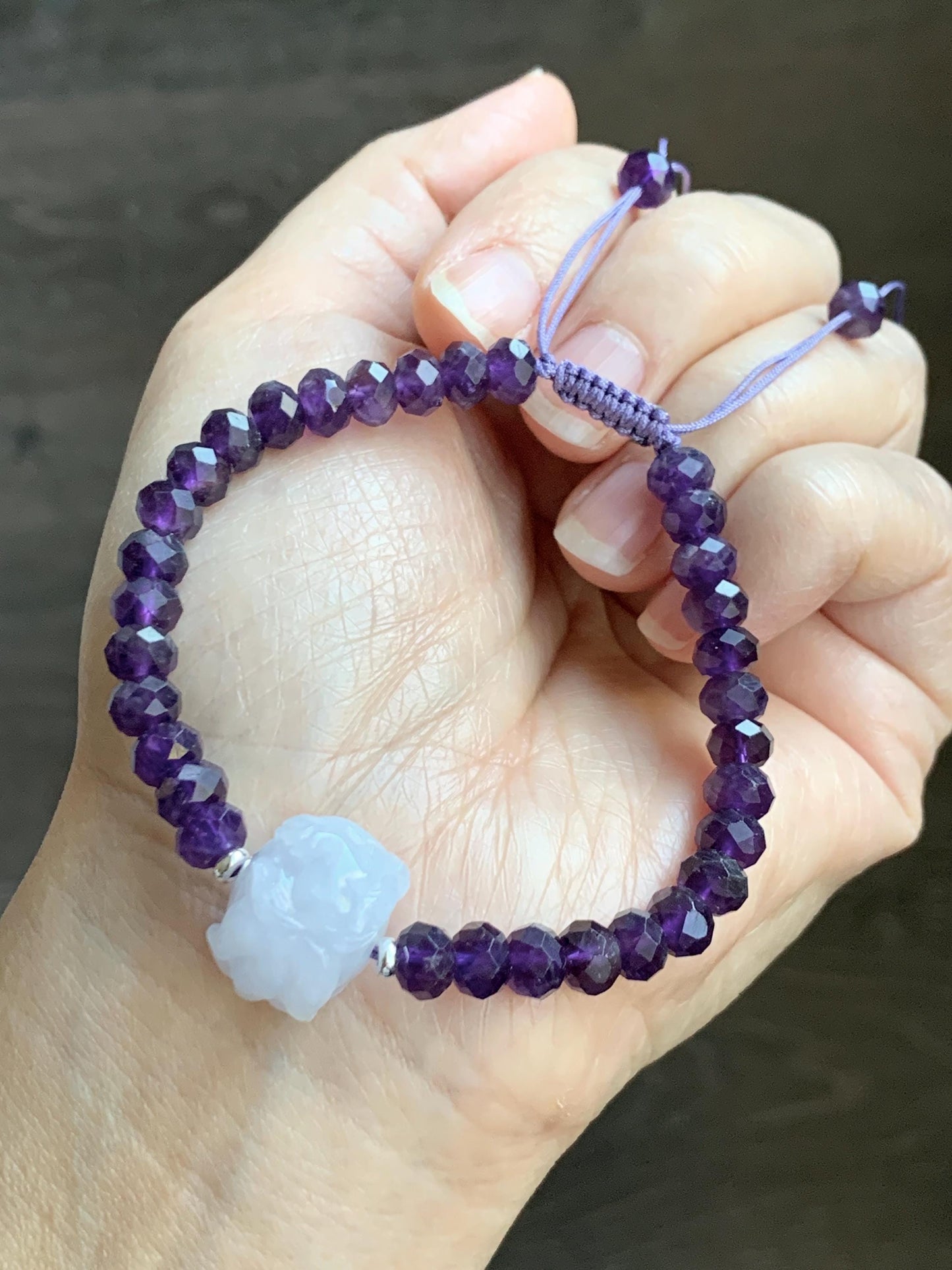 Natural Grade A Icy Pastel Purple Jade Jadeite Nine-Tailed Fox Amethyst Rondelle Faceted Beads Beaded Bracelet 7" 天然冰淡紫底翡翠九尾狐紫水晶珠手串 MJW210