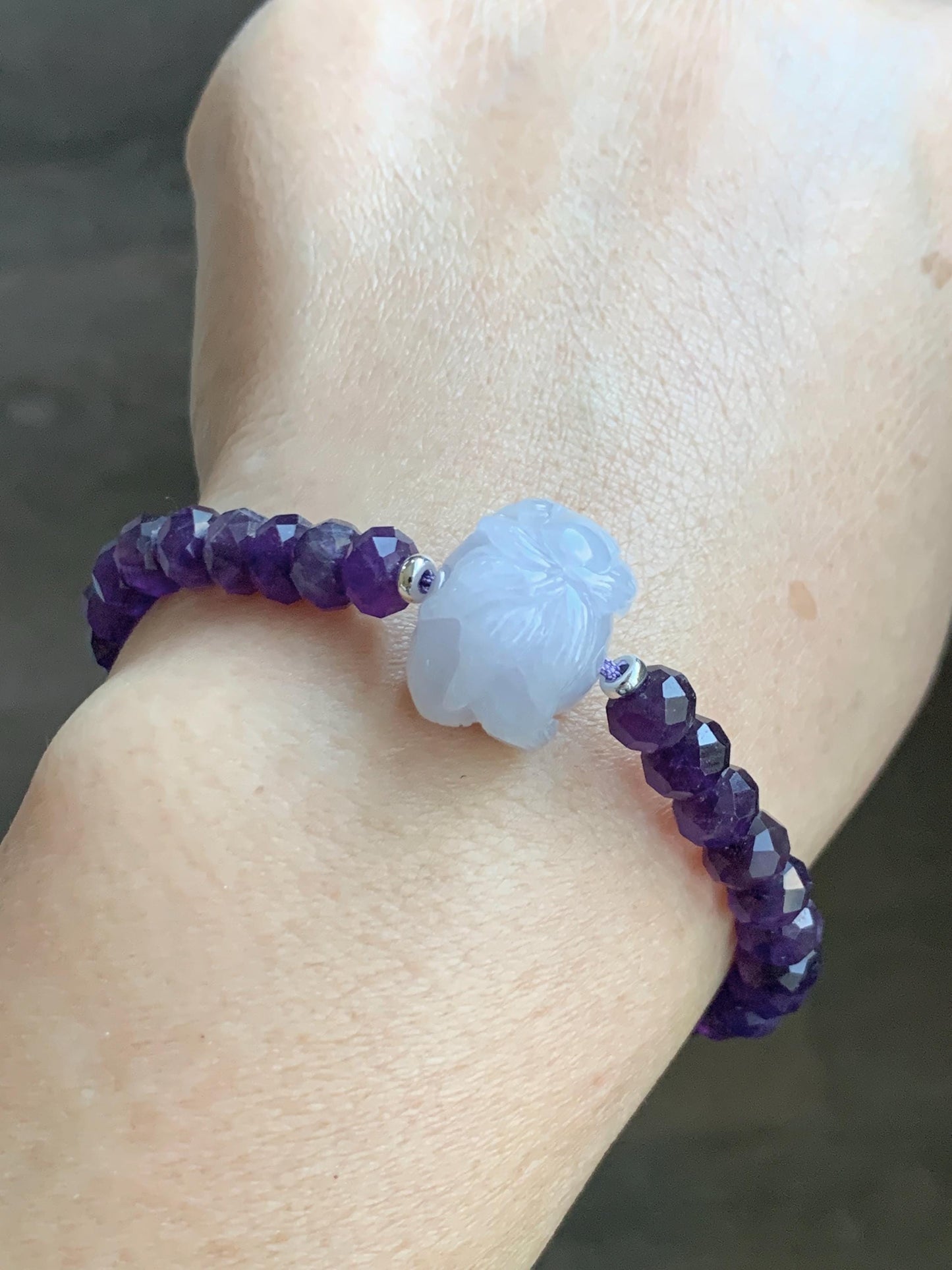 Natural Grade A Icy Pastel Purple Jade Jadeite Nine-Tailed Fox Amethyst Rondelle Faceted Beads Beaded Bracelet 7" 天然冰淡紫底翡翠九尾狐紫水晶珠手串 MJW210