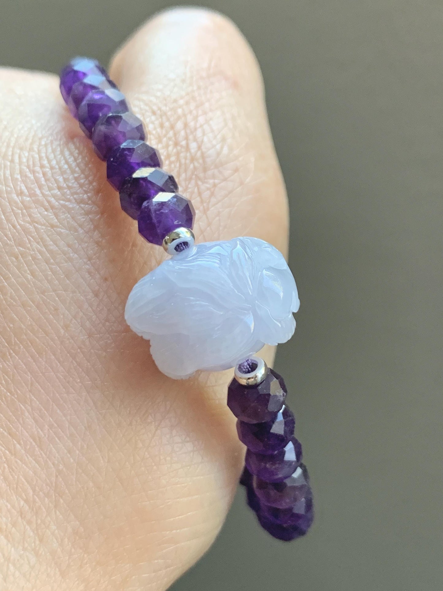 Natural Grade A Icy Pastel Purple Jade Jadeite Nine-Tailed Fox Amethyst Rondelle Faceted Beads Beaded Bracelet 7" 天然冰淡紫底翡翠九尾狐紫水晶珠手串 MJW210