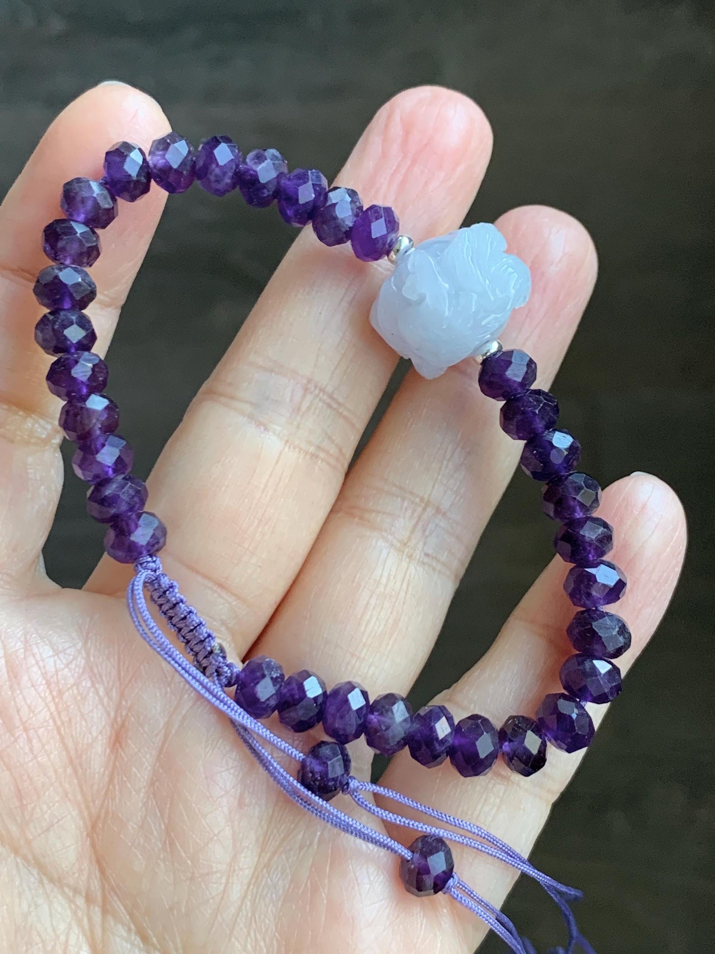 Natural Grade A Icy Pastel Purple Jade Jadeite Nine-Tailed Fox Amethyst Rondelle Faceted Beads Beaded Bracelet 7" 天然冰淡紫底翡翠九尾狐紫水晶珠手串 MJW210