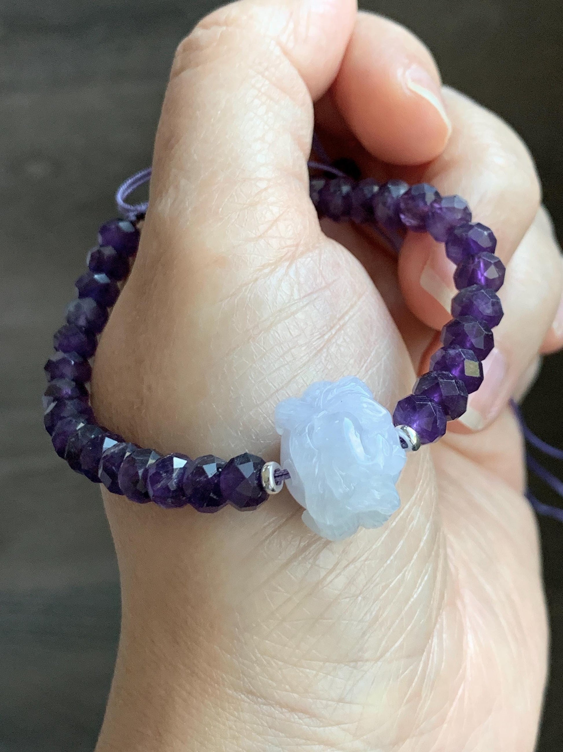 Natural Grade A Icy Pastel Purple Jade Jadeite Nine-Tailed Fox Amethyst Rondelle Faceted Beads Beaded Bracelet 7" 天然冰淡紫底翡翠九尾狐紫水晶珠手串 MJW210