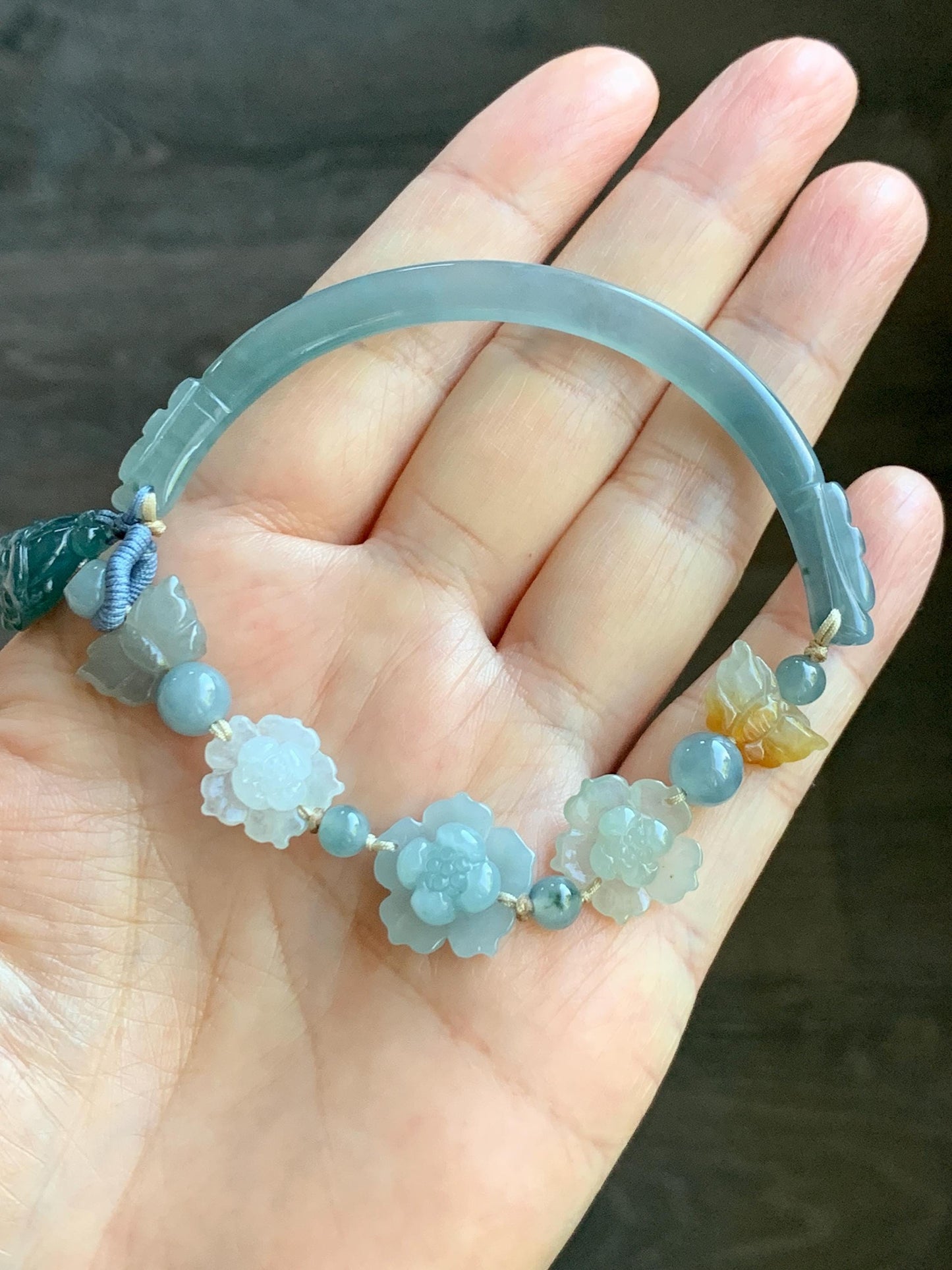 Natural Grade A Guatemalan Icy Teal Blue Jade Jadeite Cuff & Multicolored Lotus Flowers Beaded Rope Bracelet 7.5” 天然冰危翡翠半镯繁花似锦手串 WBZ313