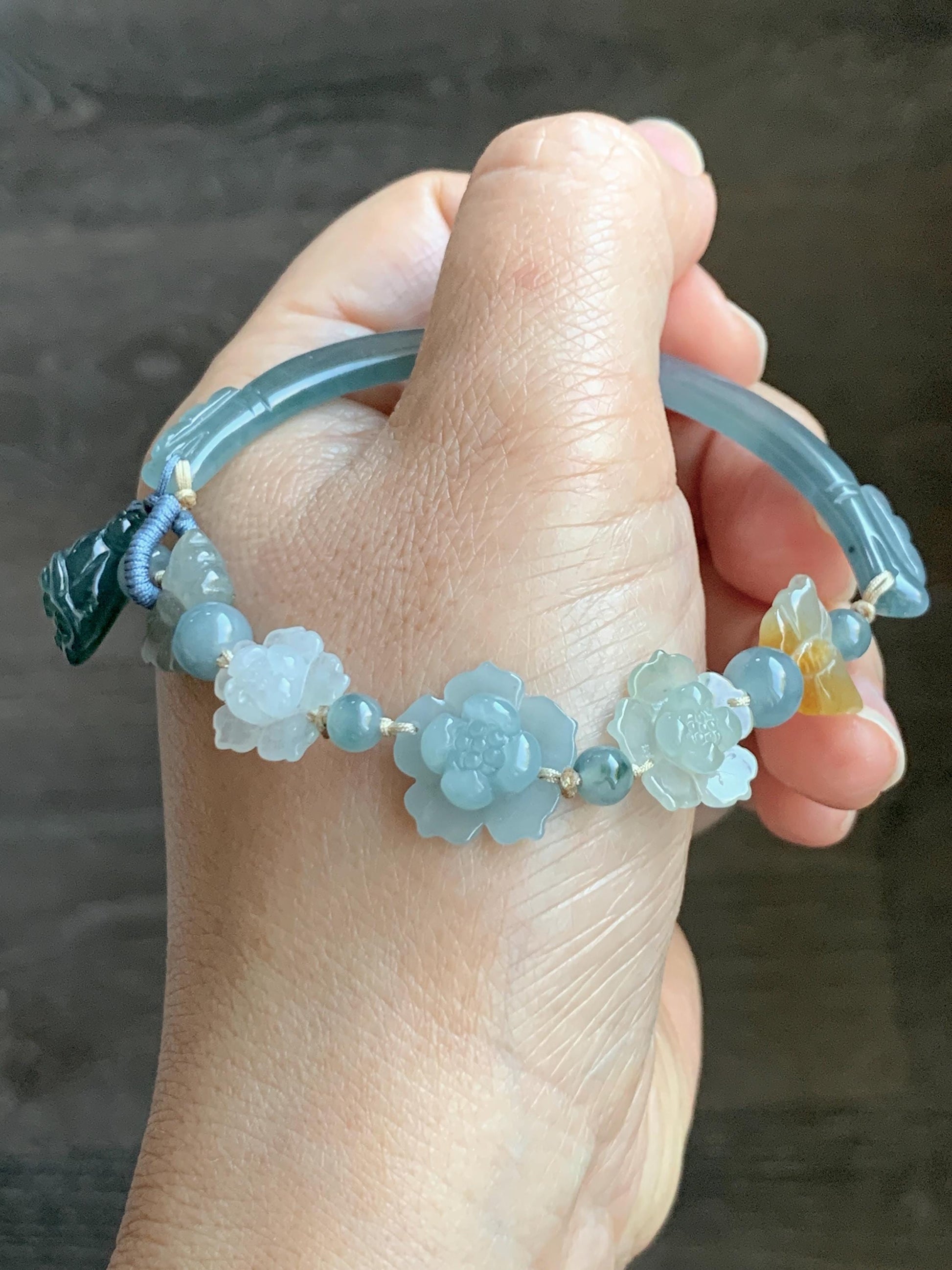 Natural Grade A Guatemalan Icy Teal Blue Jade Jadeite Cuff & Multicolored Lotus Flowers Beaded Rope Bracelet 7.5” 天然冰危翡翠半镯繁花似锦手串 WBZ313