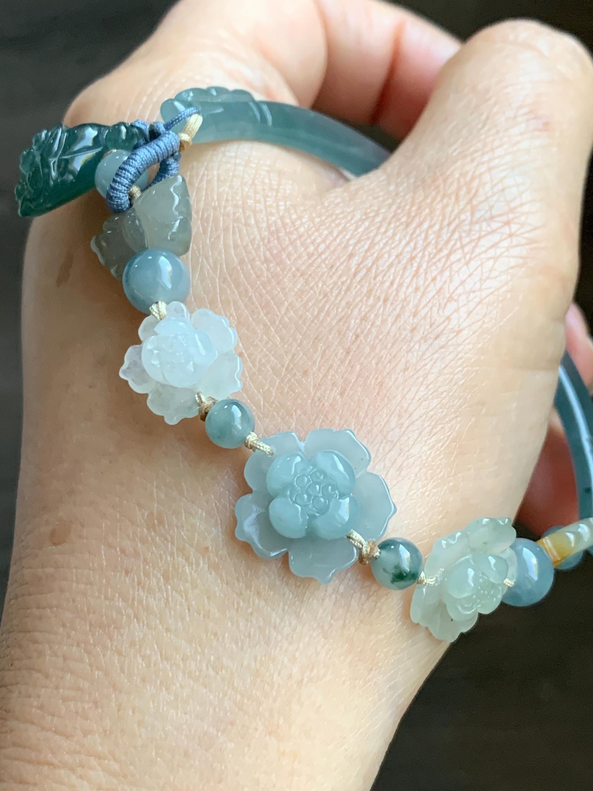 Natural Grade A Guatemalan Icy Teal Blue Jade Jadeite Cuff & Multicolored Lotus Flowers Beaded Rope Bracelet 7.5” 天然冰危翡翠半镯繁花似锦手串 WBZ313