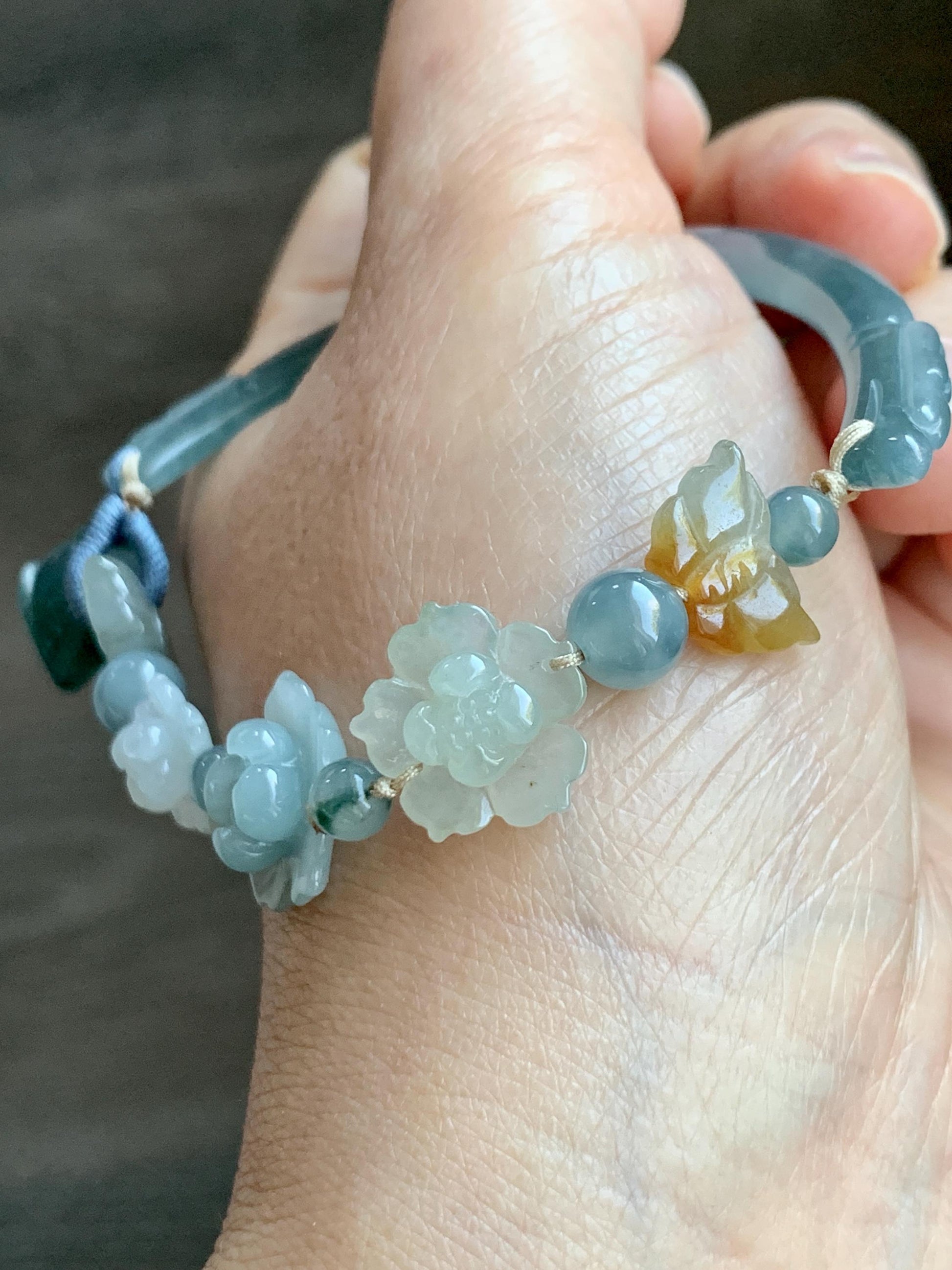 Natural Grade A Guatemalan Icy Teal Blue Jade Jadeite Cuff & Multicolored Lotus Flowers Beaded Rope Bracelet 7.5” 天然冰危翡翠半镯繁花似锦手串 WBZ313
