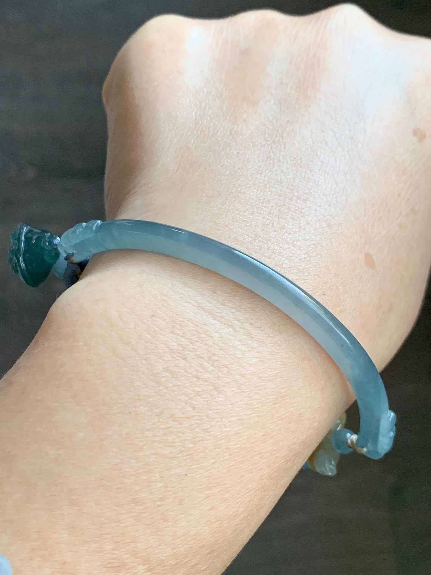 Natural Grade A Guatemalan Icy Teal Blue Jade Jadeite Cuff & Multicolored Lotus Flowers Beaded Rope Bracelet 7.5” 天然冰危翡翠半镯繁花似锦手串 WBZ313