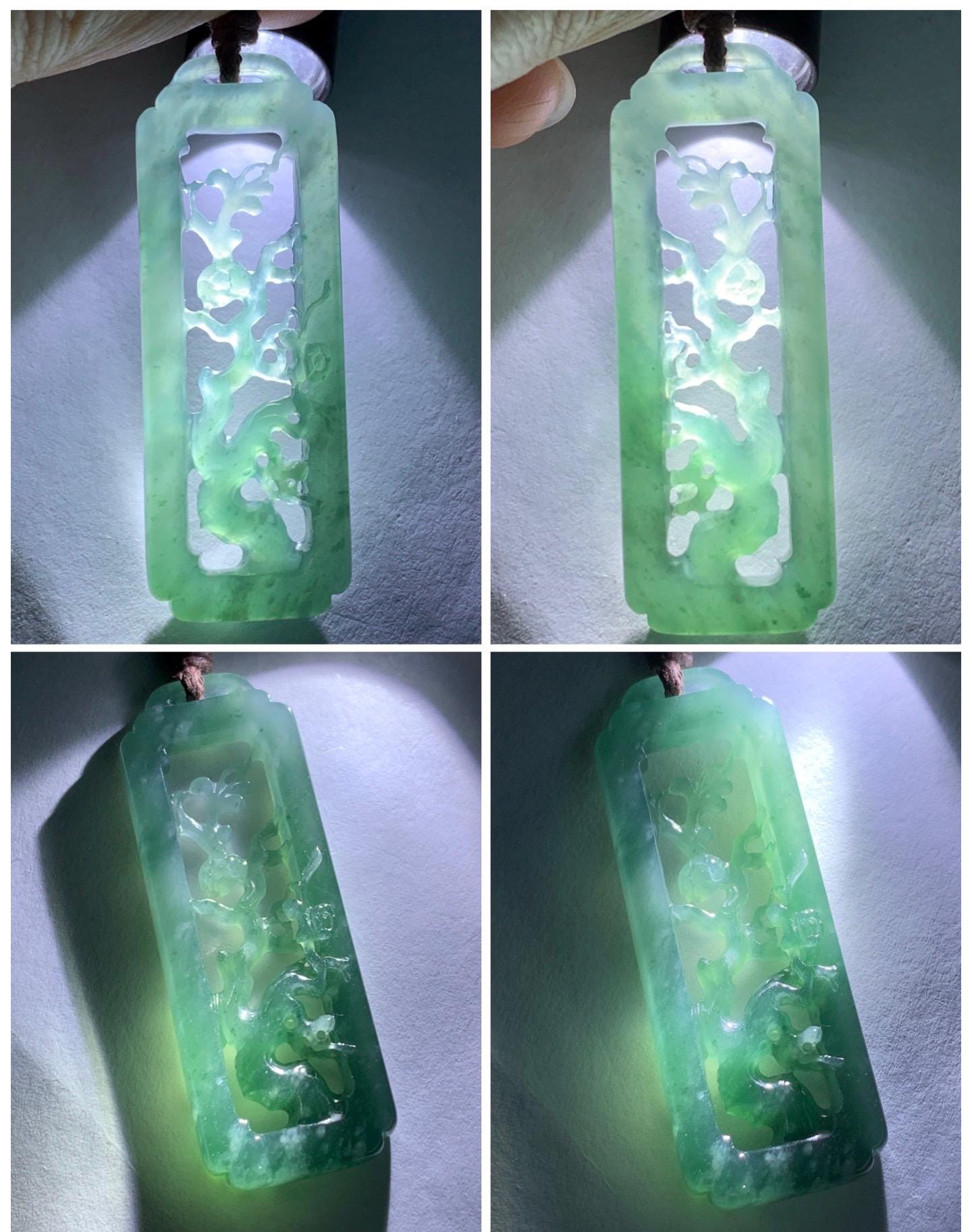Natural Grade A Guatemalan Icy Translucent Dusty Teal Green Jade Jadeite Cherry Blossom Pendant Rope Necklace 25” 天然冰危蓝绿翡翠梅花枝双面雕吊坠 WMH440A