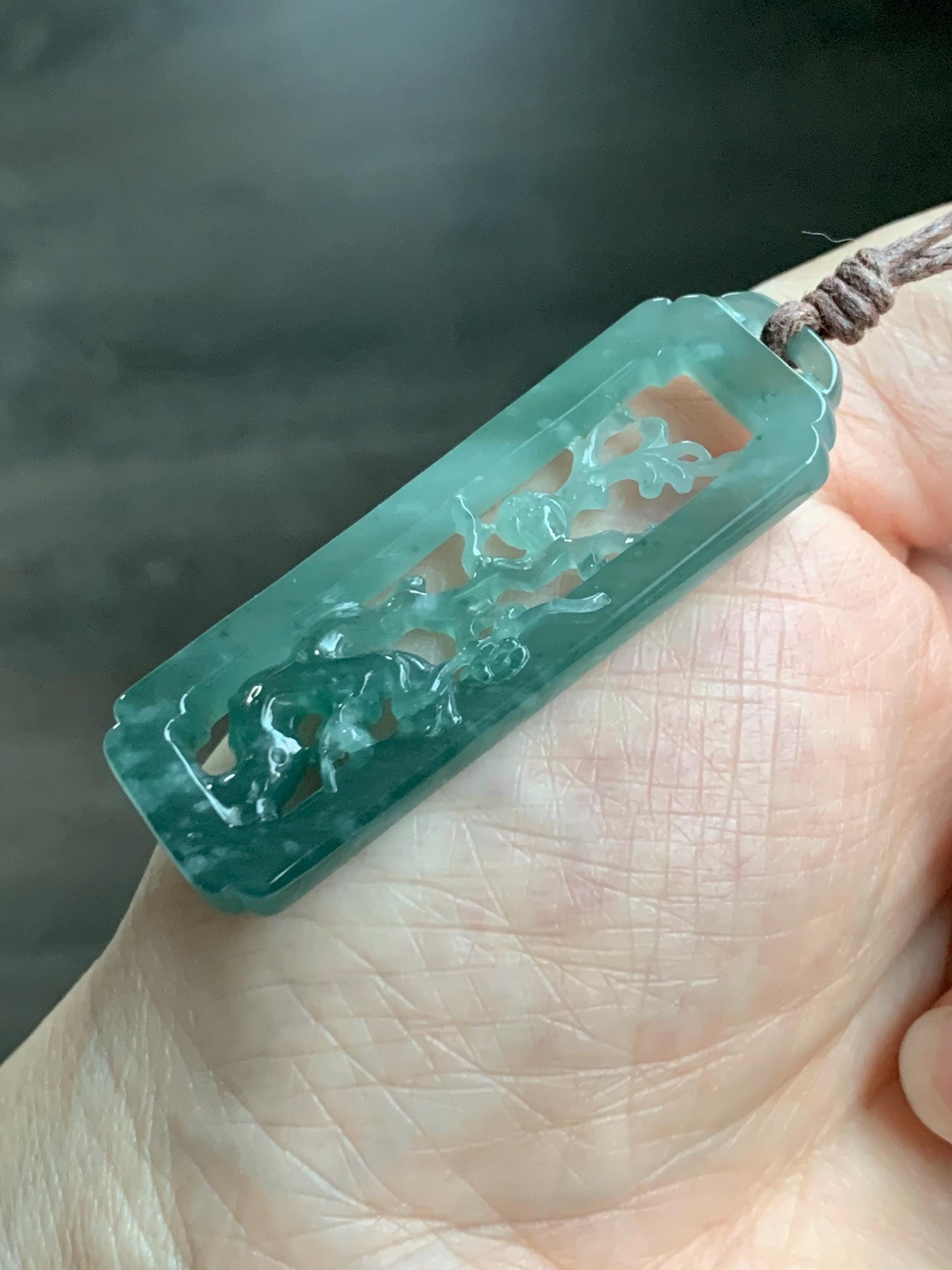 Natural Grade A Guatemalan Icy Translucent Dusty Teal Green Jade Jadeite Cherry Blossom Pendant Rope Necklace 25” 天然冰危蓝绿翡翠梅花枝双面雕吊坠 WMH440A