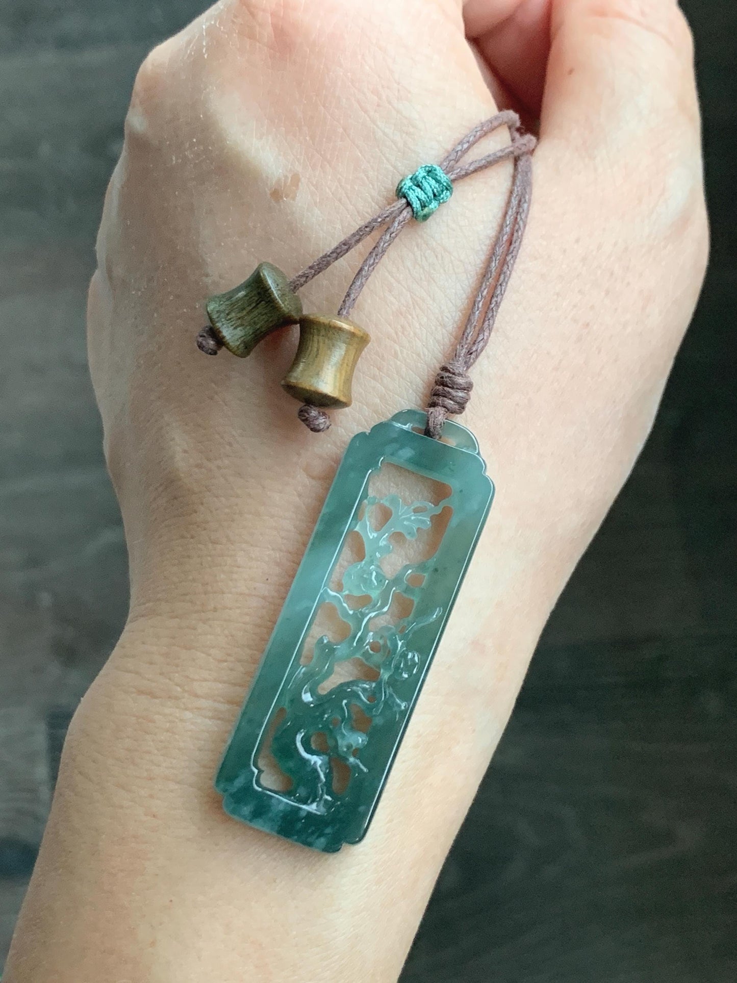 Natural Grade A Guatemalan Icy Translucent Dusty Teal Green Jade Jadeite Cherry Blossom Pendant Rope Necklace 25” 天然冰危蓝绿翡翠梅花枝双面雕吊坠 WMH440A