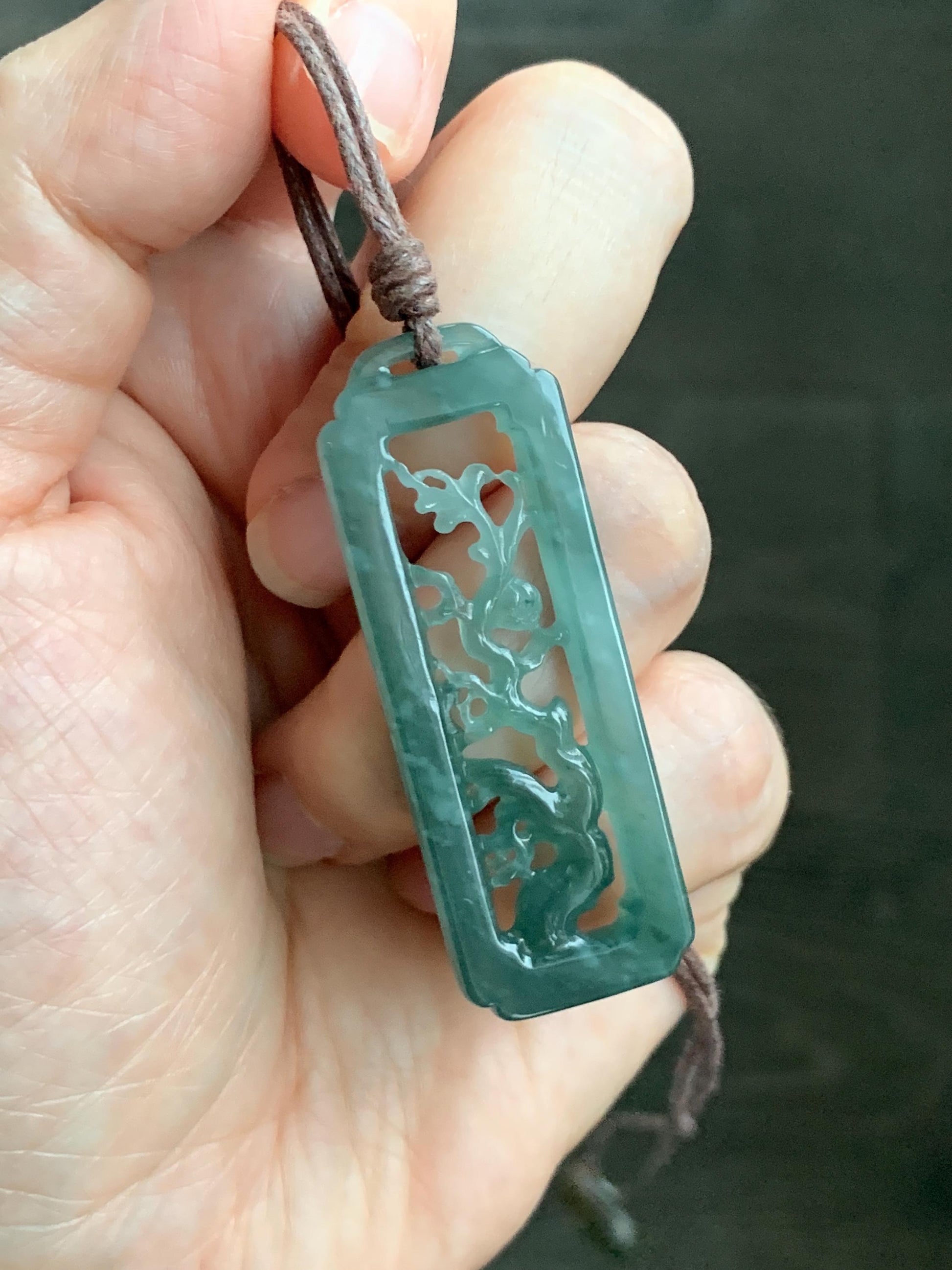 Natural Grade A Guatemalan Icy Translucent Dusty Teal Green Jade Jadeite Cherry Blossom Pendant Rope Necklace 25” 天然冰危蓝绿翡翠梅花枝双面雕吊坠 WMH440A