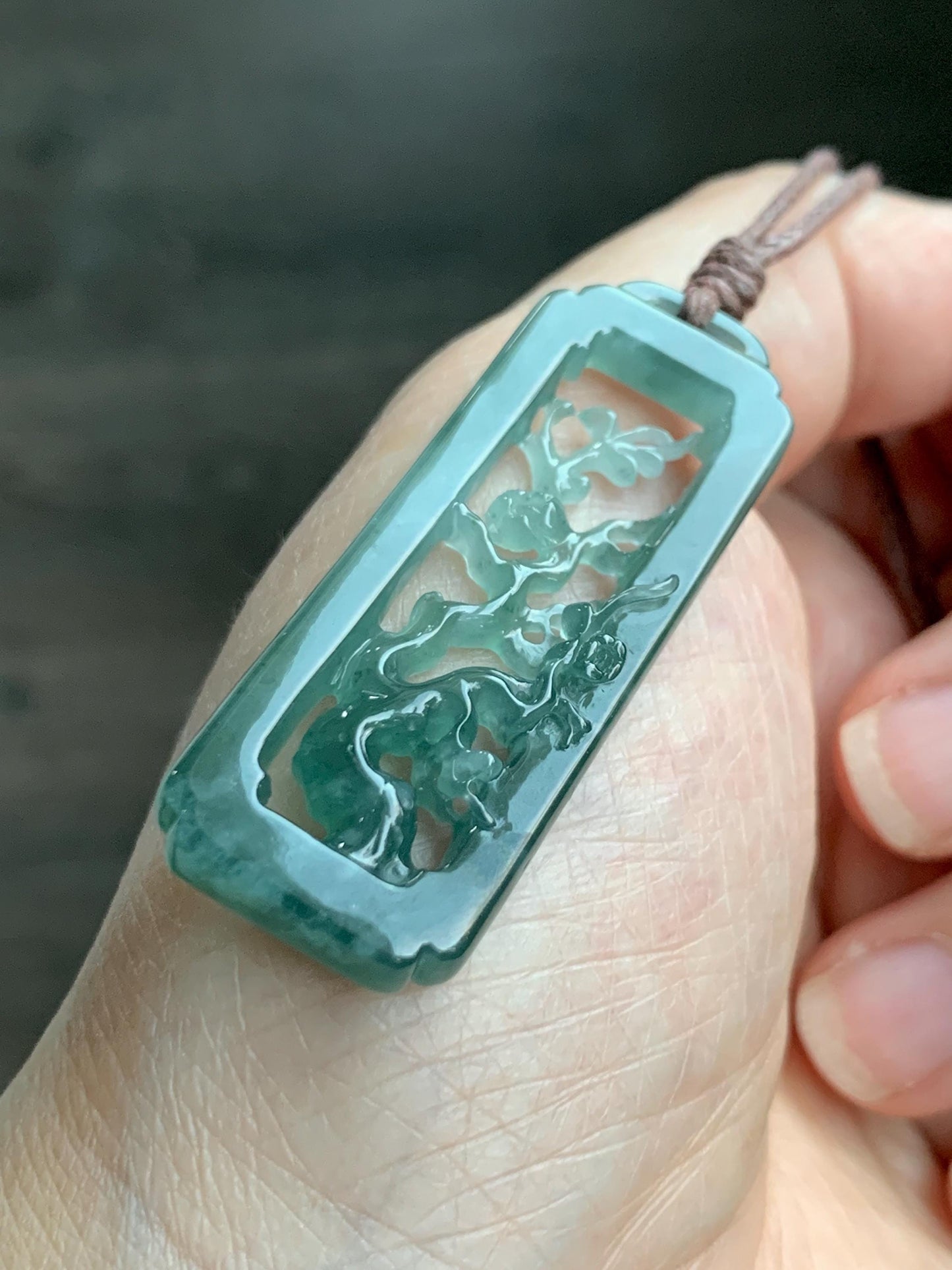 Natural Grade A Guatemalan Icy Translucent Dusty Teal Green Jade Jadeite Cherry Blossom Pendant Rope Necklace 25” 天然冰危蓝绿翡翠梅花枝双面雕吊坠 WMH440A