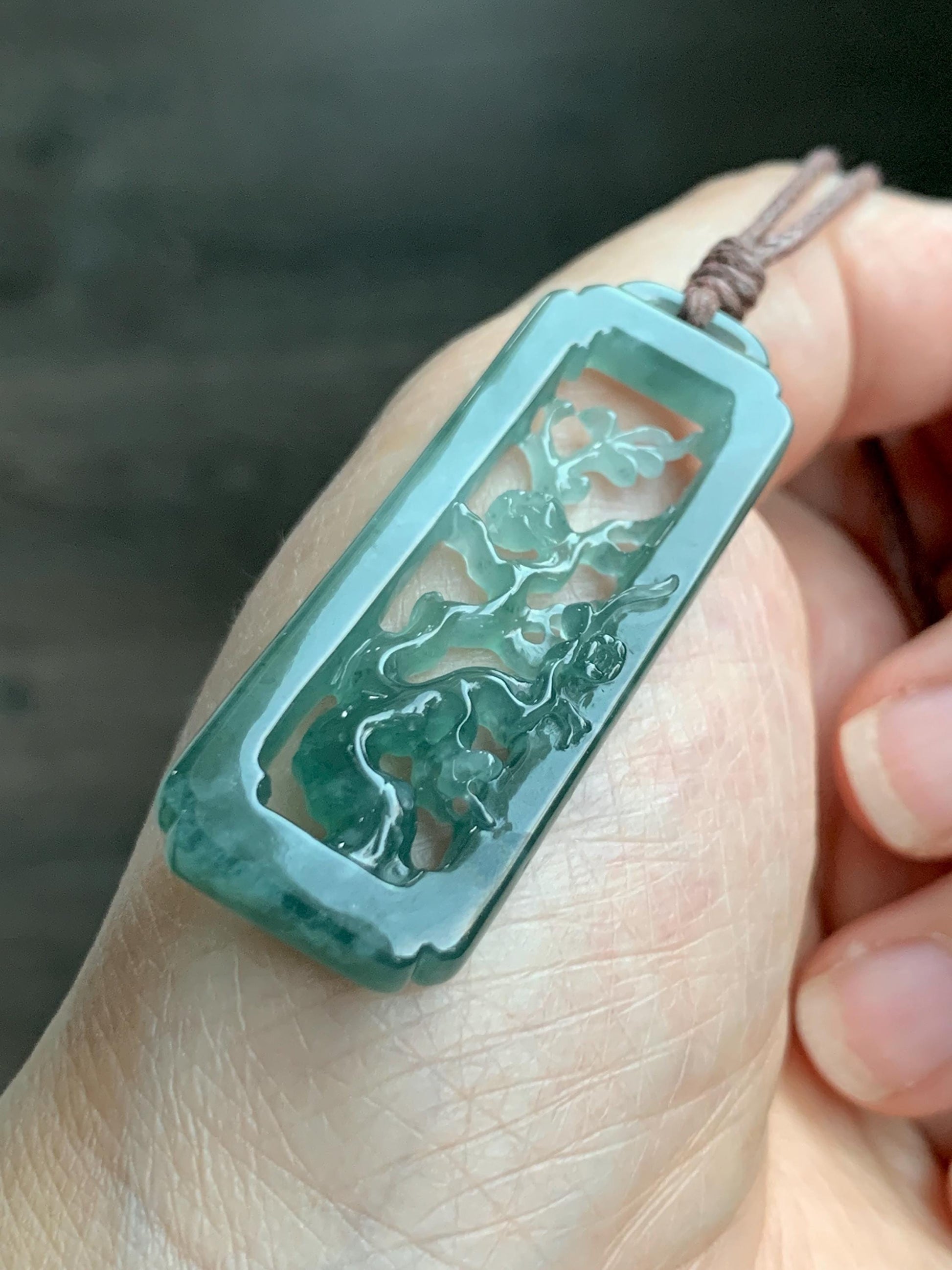 Natural Grade A Guatemalan Icy Translucent Dusty Teal Green Jade Jadeite Cherry Blossom Pendant Rope Necklace 25” 天然冰危蓝绿翡翠梅花枝双面雕吊坠 WMH440A