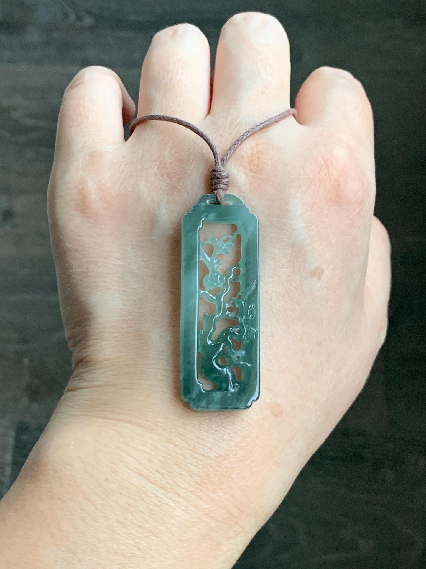 Natural Grade A Guatemalan Icy Translucent Dusty Teal Green Jade Jadeite Cherry Blossom Pendant Rope Necklace 25” 天然冰危蓝绿翡翠梅花枝双面雕吊坠 WMH440A