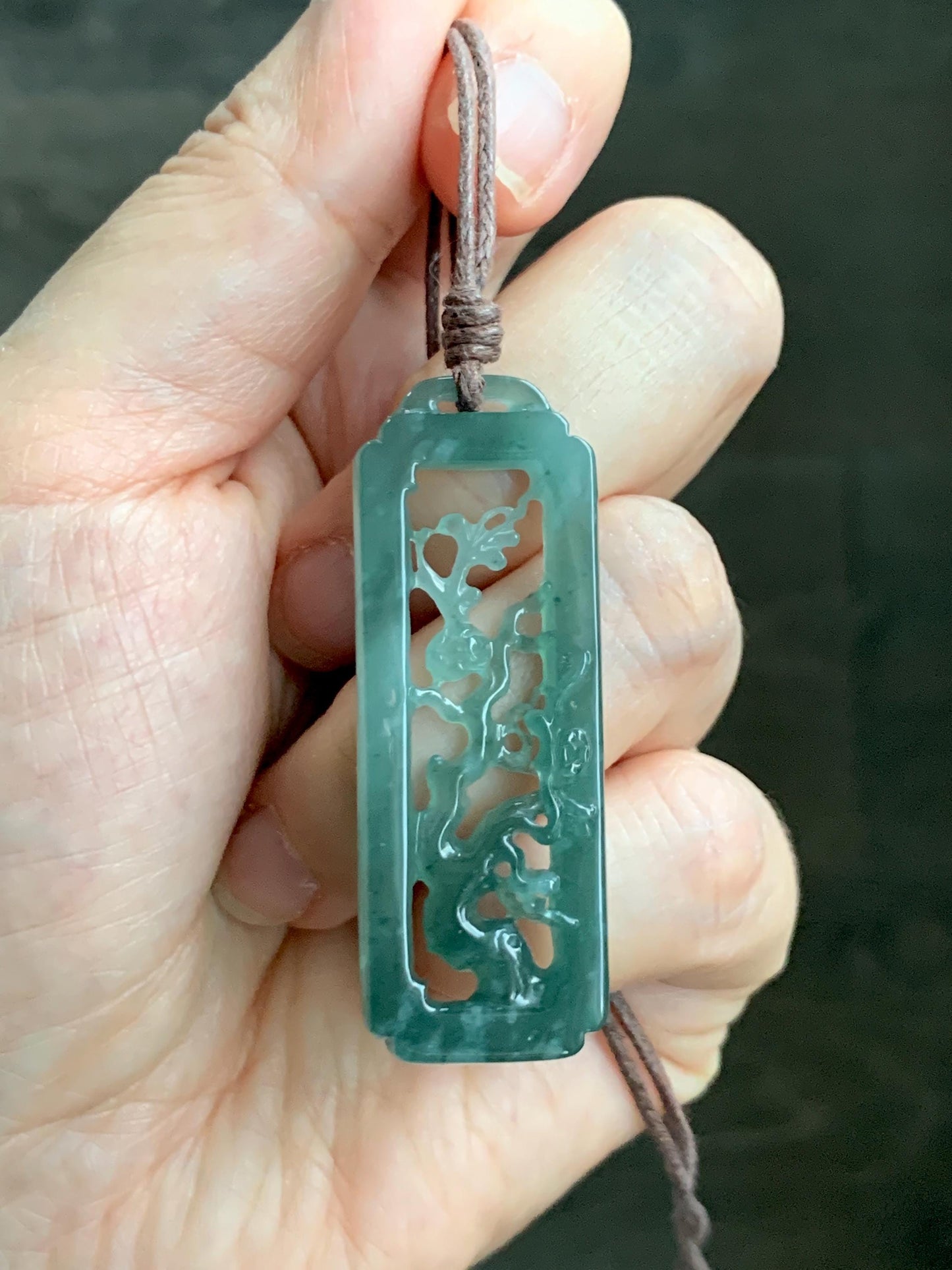 Natural Grade A Guatemalan Icy Translucent Dusty Teal Green Jade Jadeite Cherry Blossom Pendant Rope Necklace 25” 天然冰危蓝绿翡翠梅花枝双面雕吊坠 WMH440A