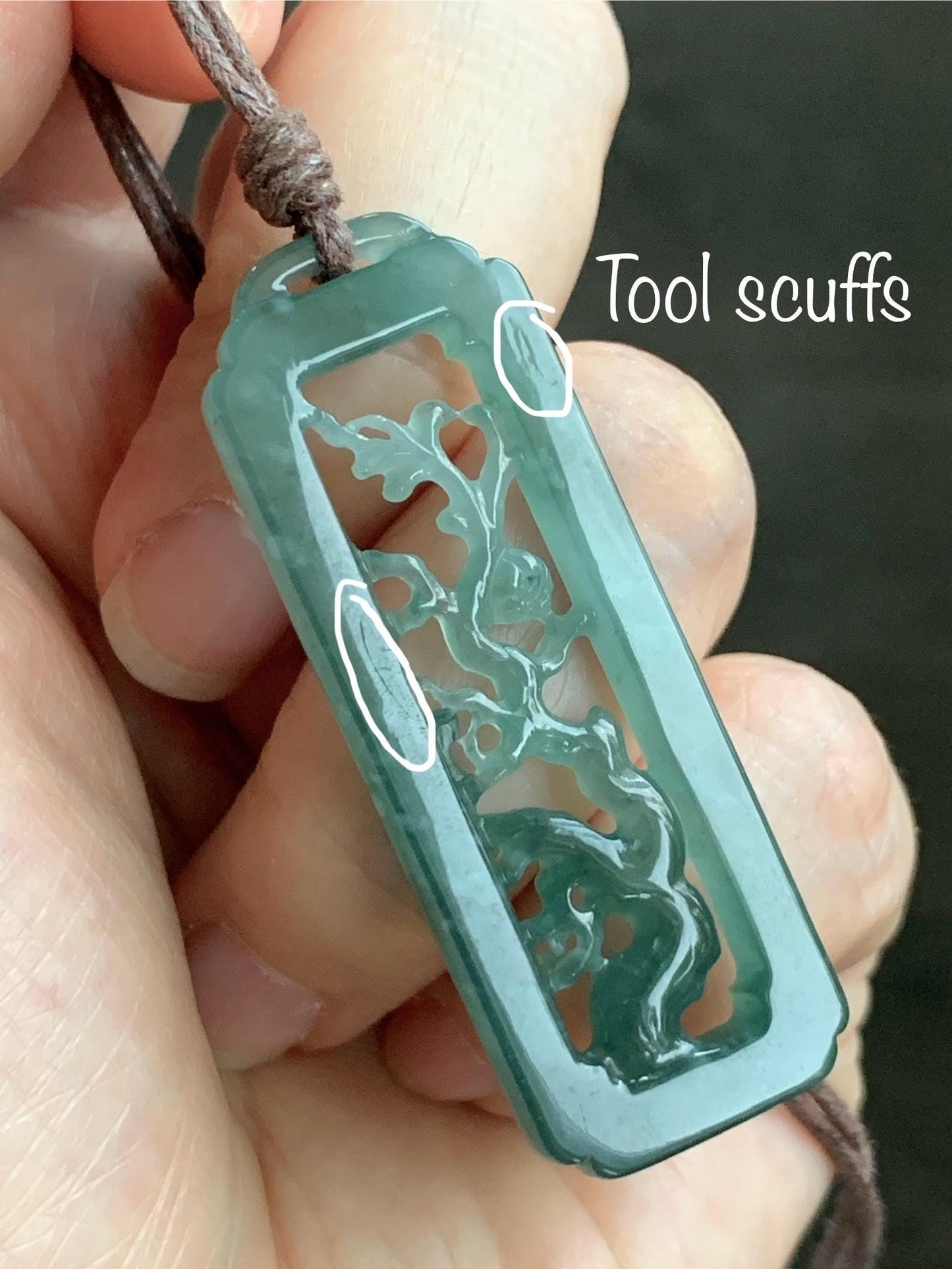 Natural Grade A Guatemalan Icy Translucent Dusty Teal Green Jade Jadeite Cherry Blossom Pendant Rope Necklace 25” 天然冰危蓝绿翡翠梅花枝双面雕吊坠 WMH440A