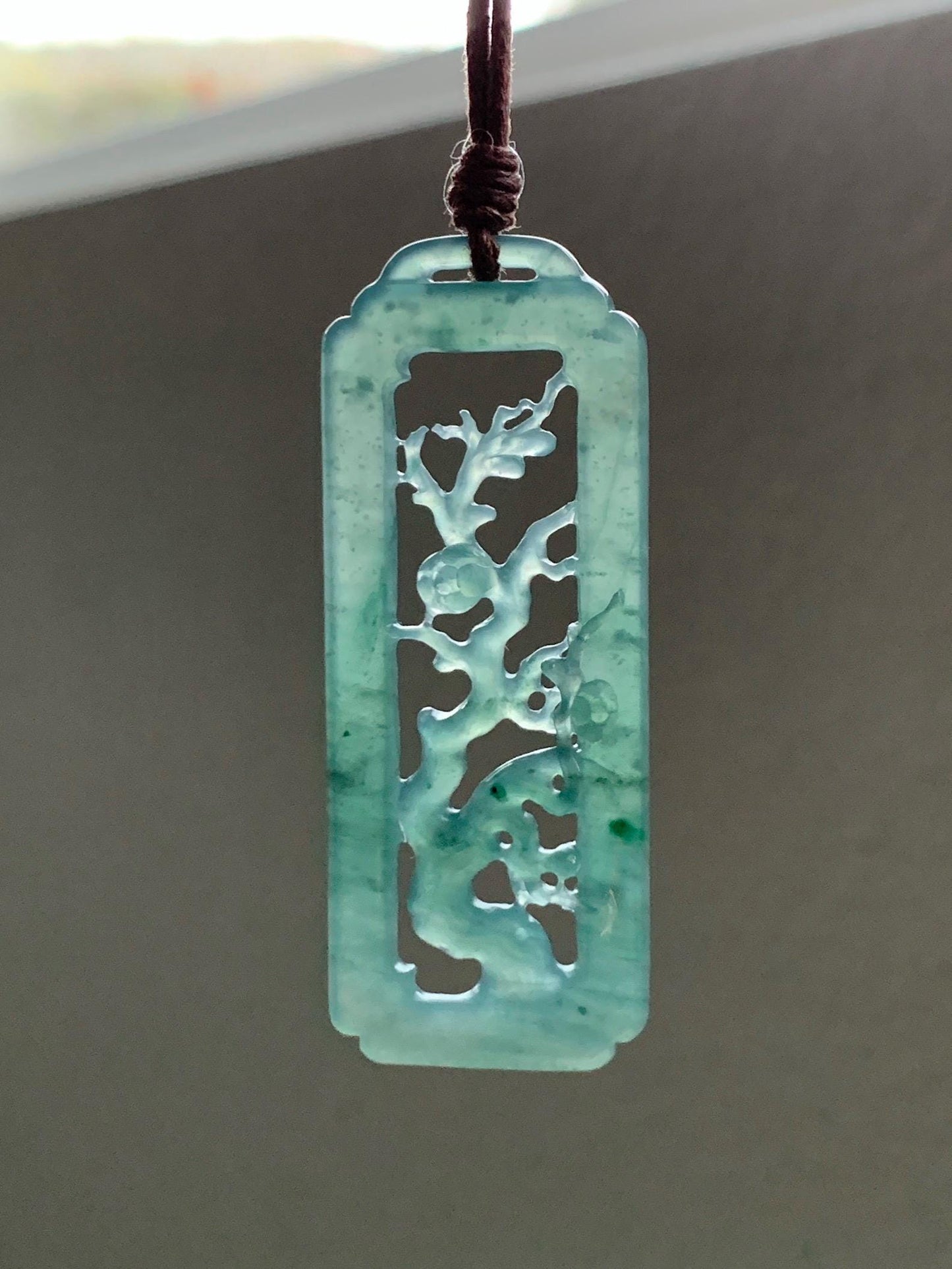 Natural Grade A Guatemalan Icy Translucent Dusty Teal Green Jade Jadeite Cherry Blossom Pendant Rope Necklace 25” 天然冰危蓝绿翡翠梅花枝双面雕吊坠 WMH440B