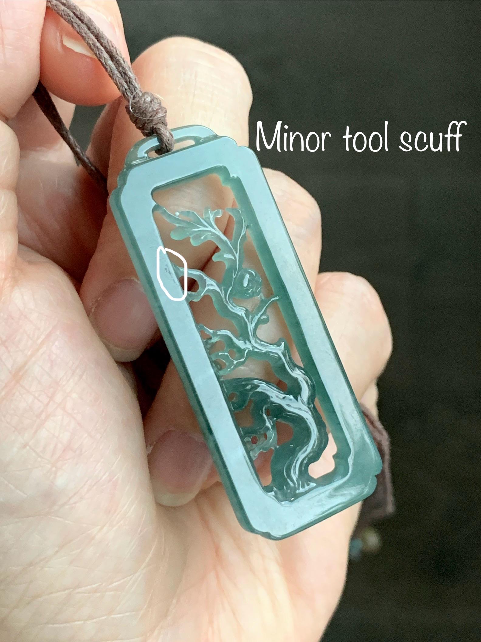 Natural Grade A Guatemalan Icy Translucent Dusty Teal Green Jade Jadeite Cherry Blossom Pendant Rope Necklace 25” 天然冰危蓝绿翡翠梅花枝双面雕吊坠 WMH440B