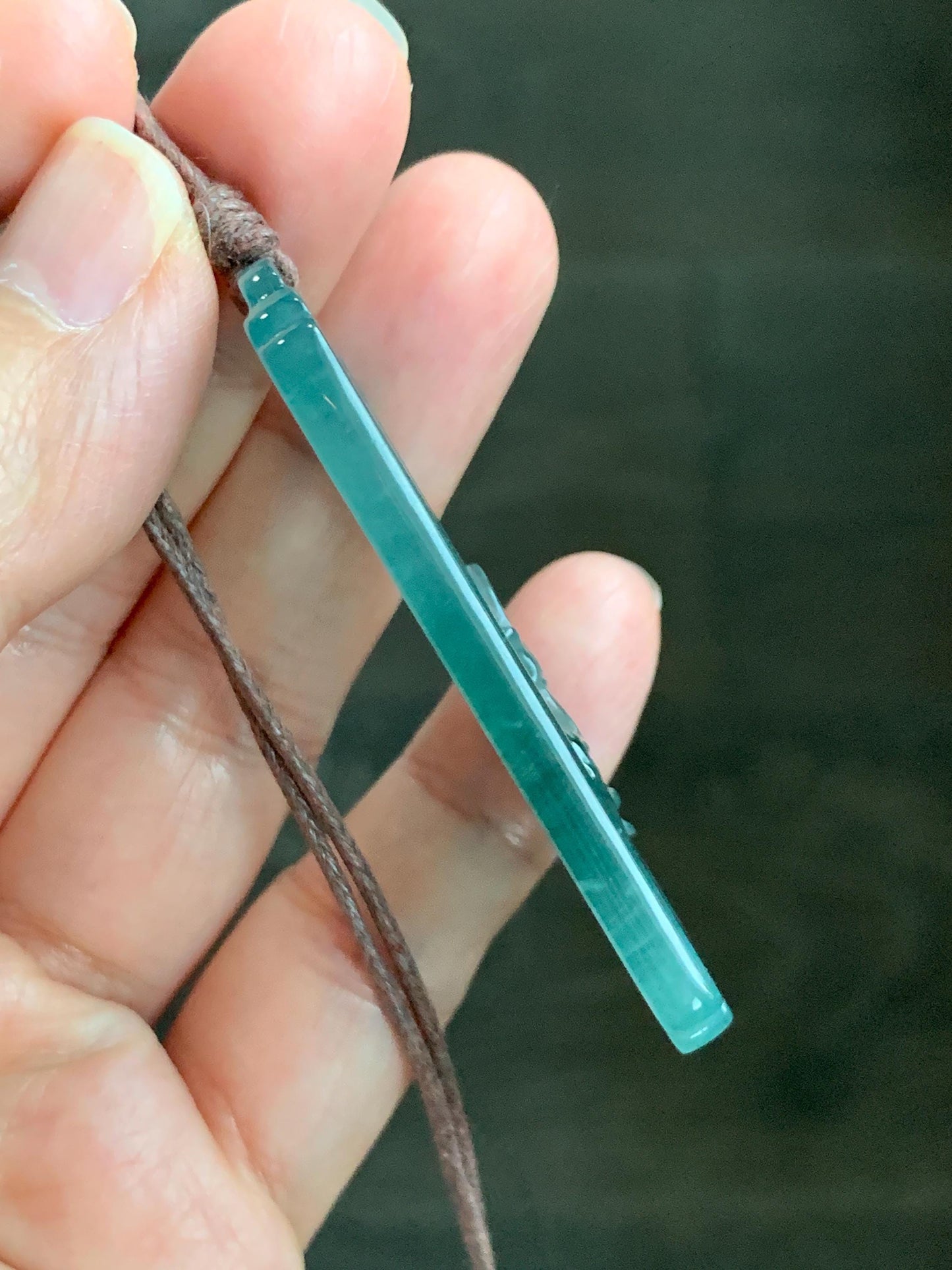 Natural Grade A Guatemalan Icy Translucent Dusty Teal Green Jade Jadeite Cherry Blossom Pendant Rope Necklace 25” 天然冰危蓝绿翡翠梅花枝双面雕吊坠 WMH440B