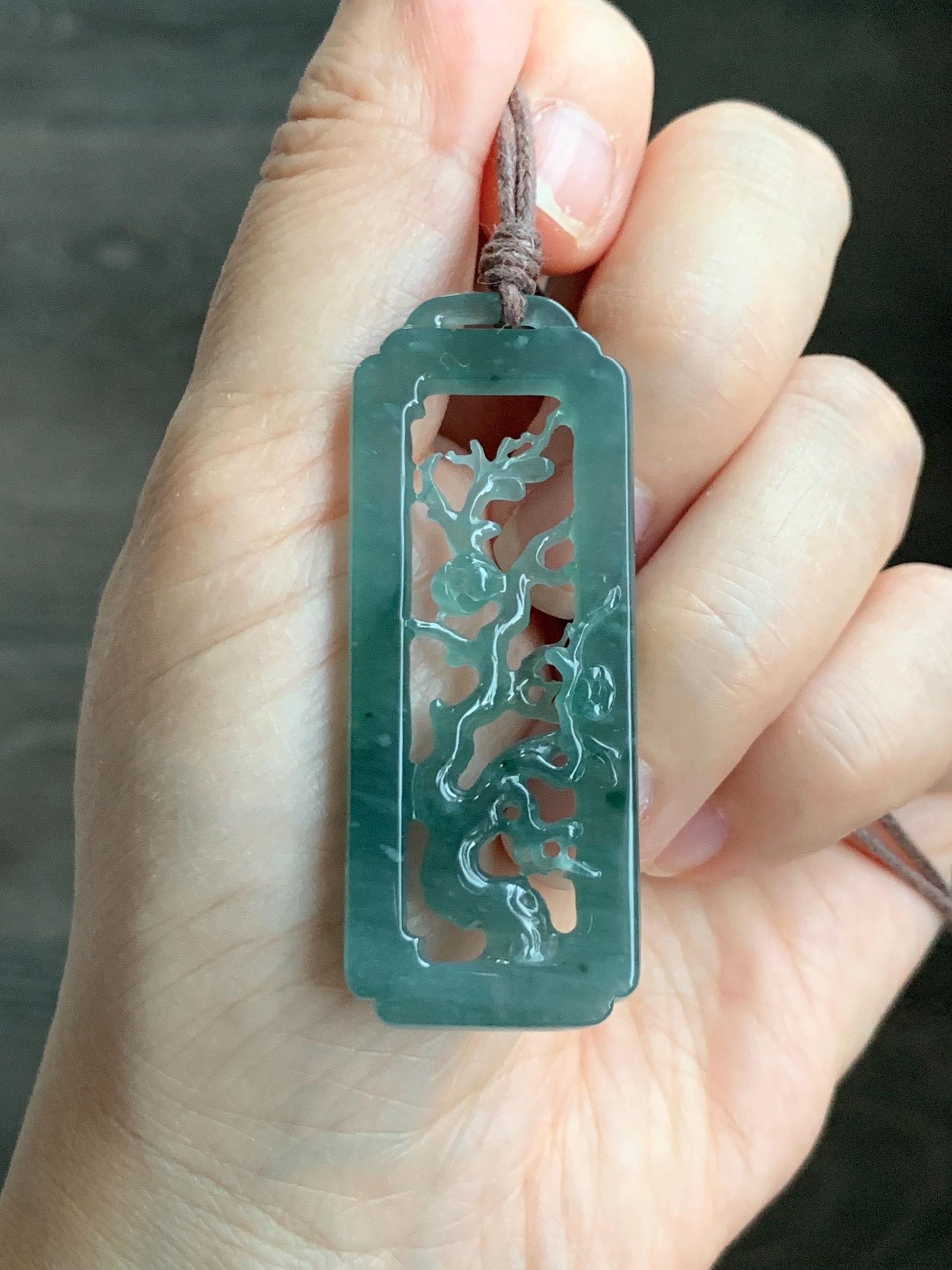 Natural Grade A Guatemalan Icy Translucent Dusty Teal Green Jade Jadeite Cherry Blossom Pendant Rope Necklace 25” 天然冰危蓝绿翡翠梅花枝双面雕吊坠 WMH440B