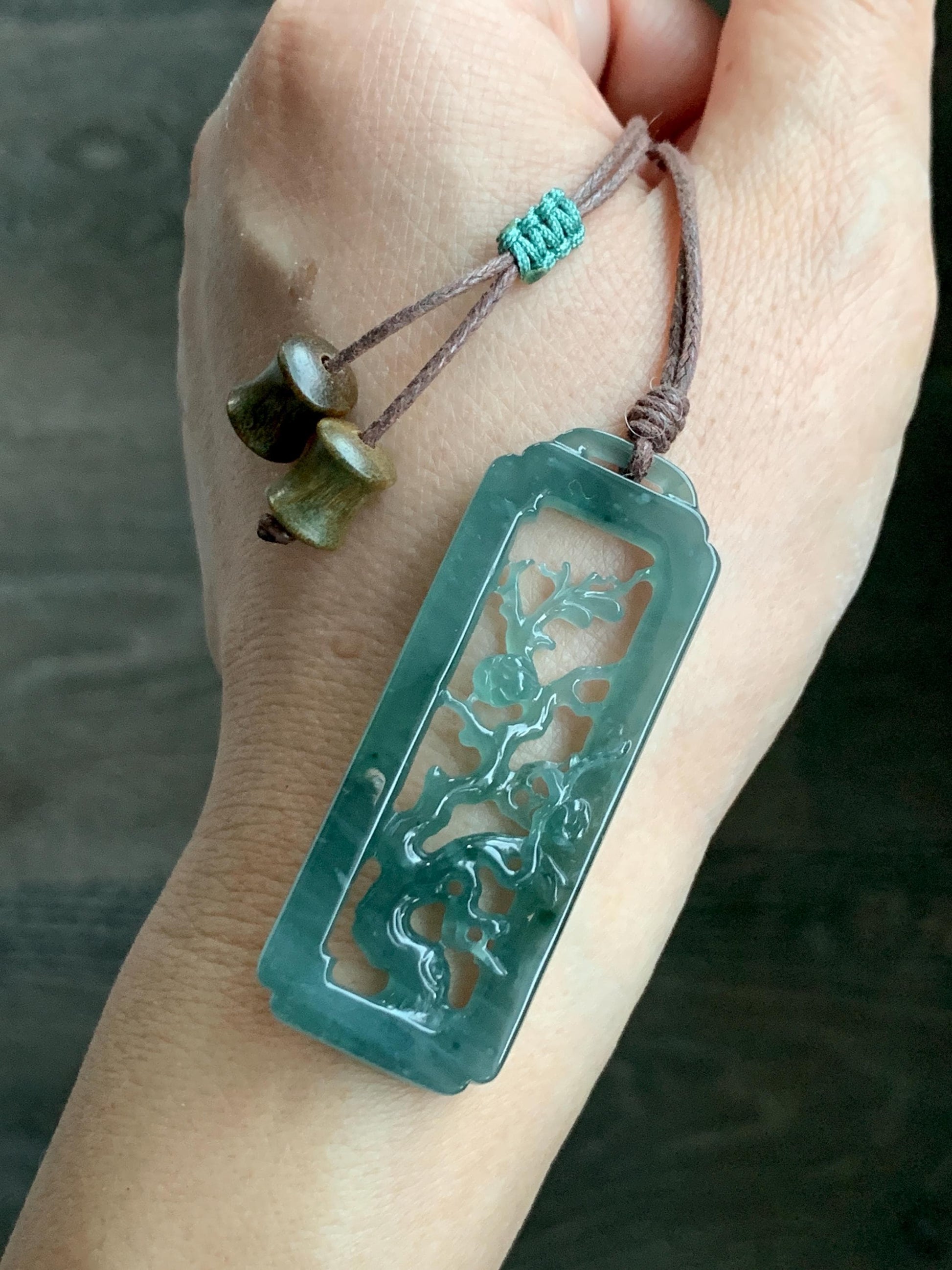 Natural Grade A Guatemalan Icy Translucent Dusty Teal Green Jade Jadeite Cherry Blossom Pendant Rope Necklace 25” 天然冰危蓝绿翡翠梅花枝双面雕吊坠 WMH440B