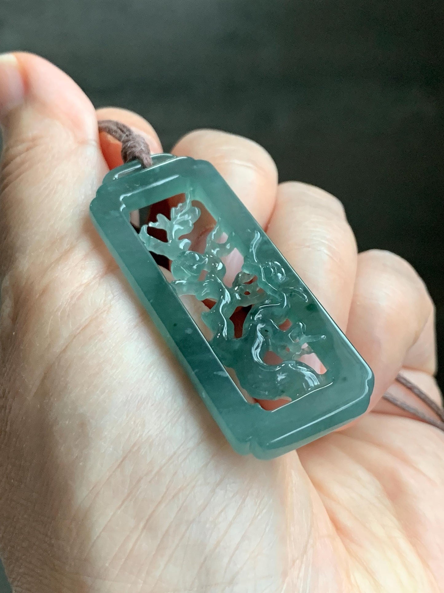 Natural Grade A Guatemalan Icy Translucent Dusty Teal Green Jade Jadeite Cherry Blossom Pendant Rope Necklace 25” 天然冰危蓝绿翡翠梅花枝双面雕吊坠 WMH440B