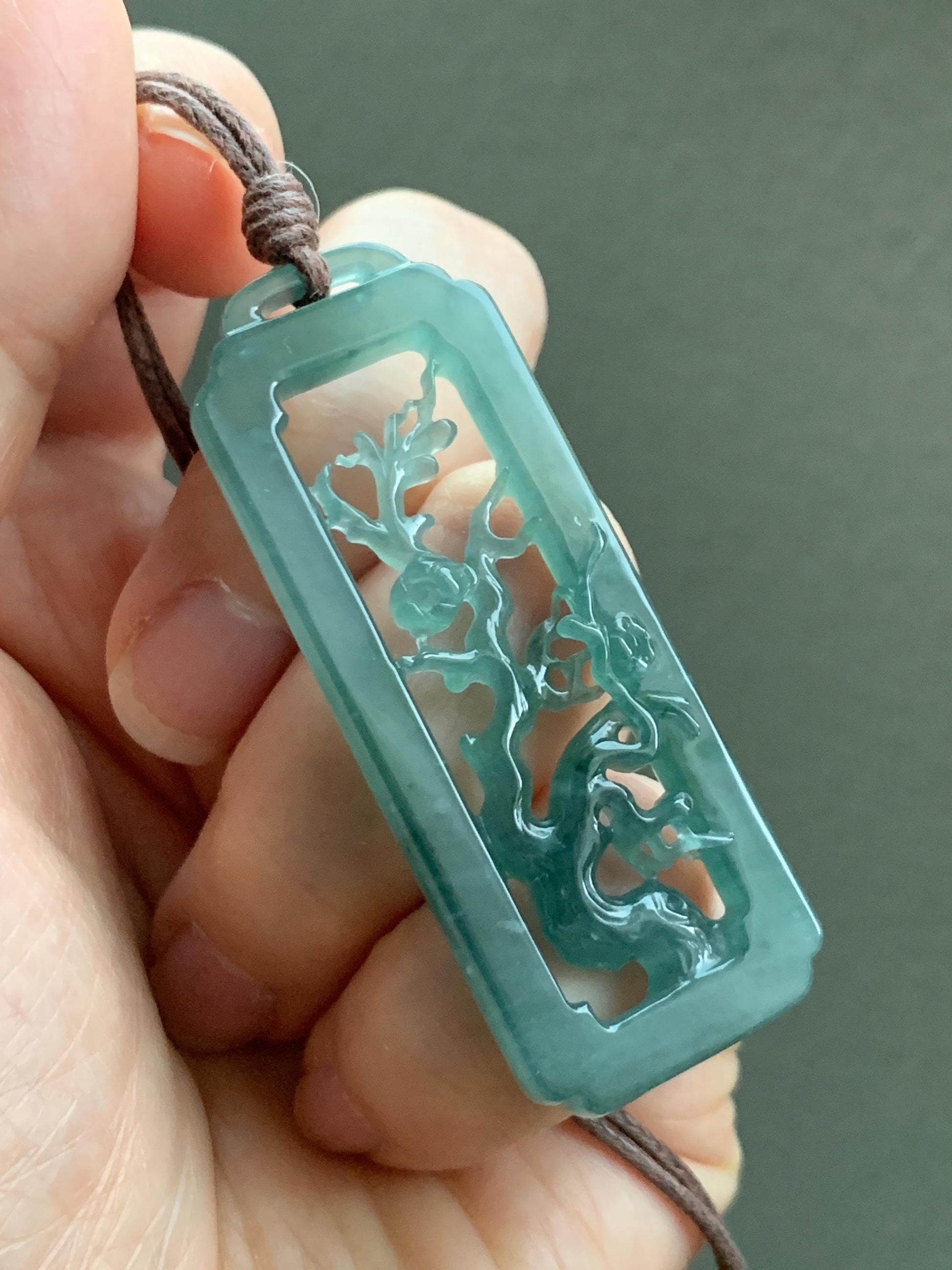 Natural Grade A Guatemalan Icy Translucent Dusty Teal Green Jade Jadeite Cherry Blossom Pendant Rope Necklace 25” 天然冰危蓝绿翡翠梅花枝双面雕吊坠 WMH440B