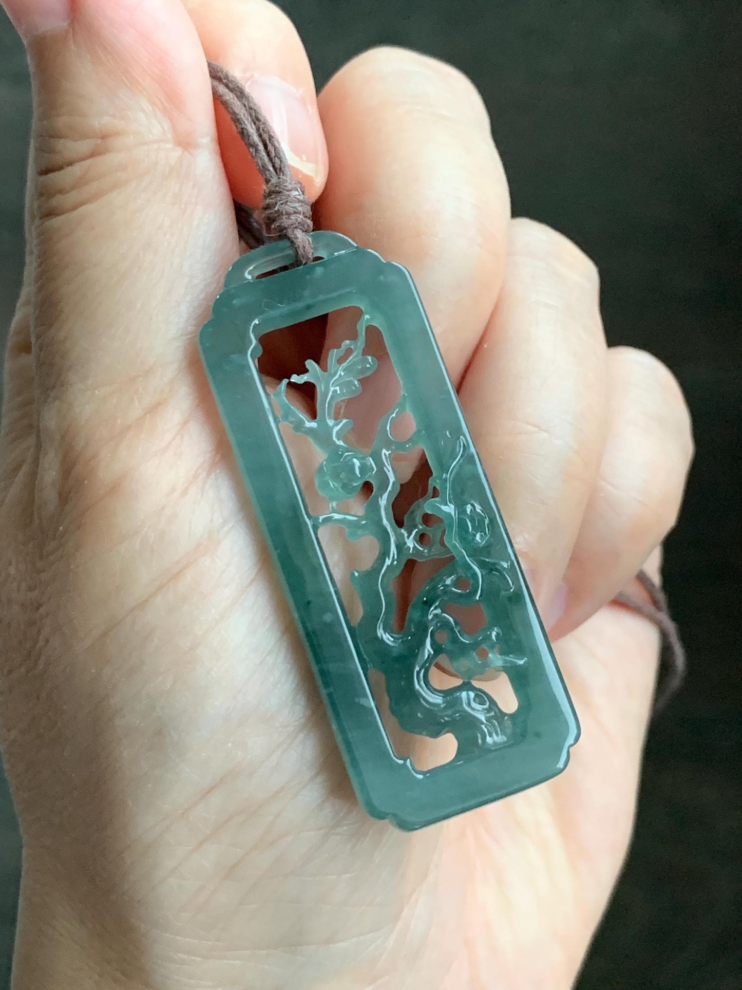 Natural Grade A Guatemalan Icy Translucent Dusty Teal Green Jade Jadeite Cherry Blossom Pendant Rope Necklace 25” 天然冰危蓝绿翡翠梅花枝双面雕吊坠 WMH440B
