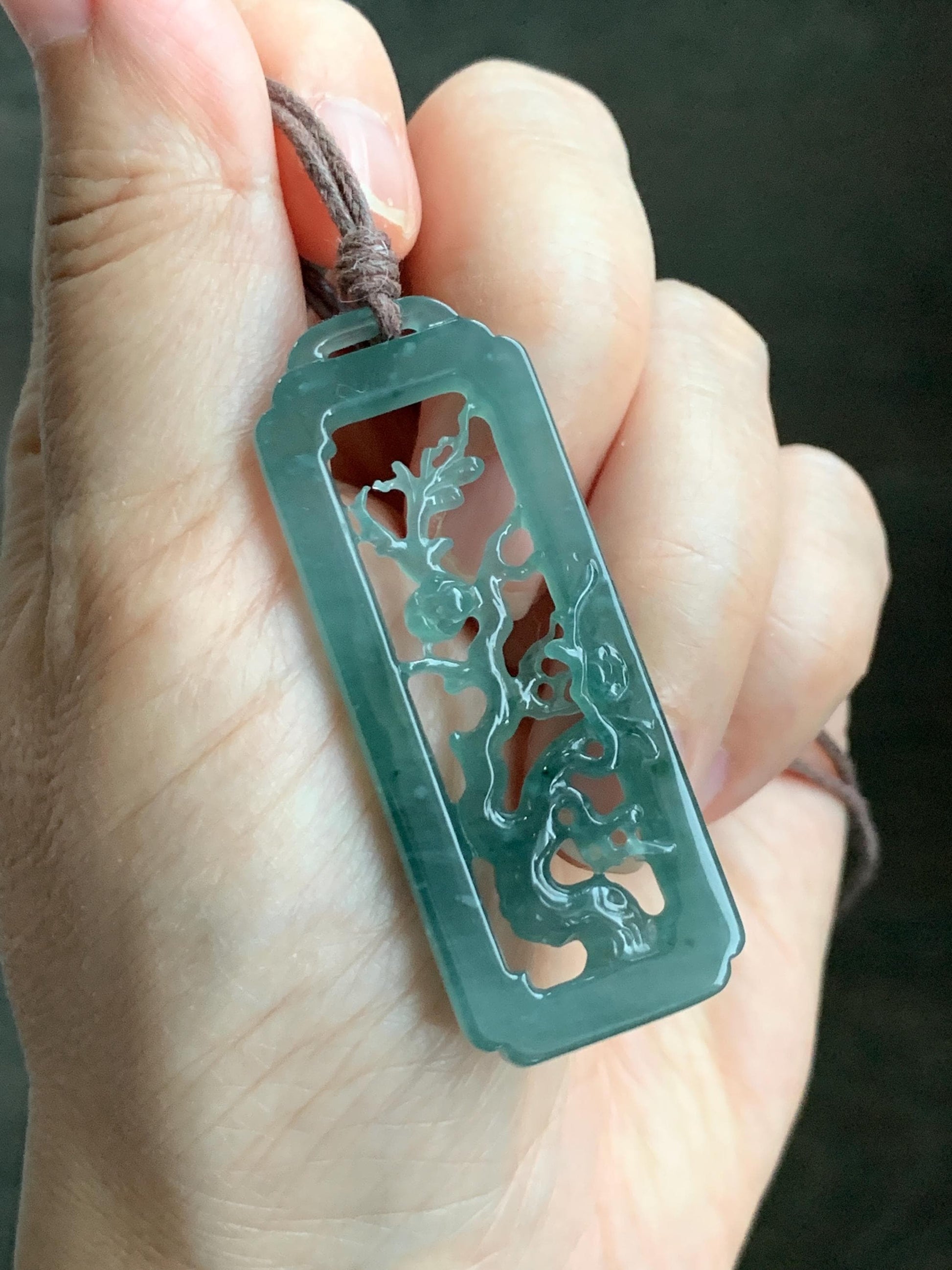 Natural Grade A Guatemalan Icy Translucent Dusty Teal Green Jade Jadeite Cherry Blossom Pendant Rope Necklace 25” 天然冰危蓝绿翡翠梅花枝双面雕吊坠 WMH440B