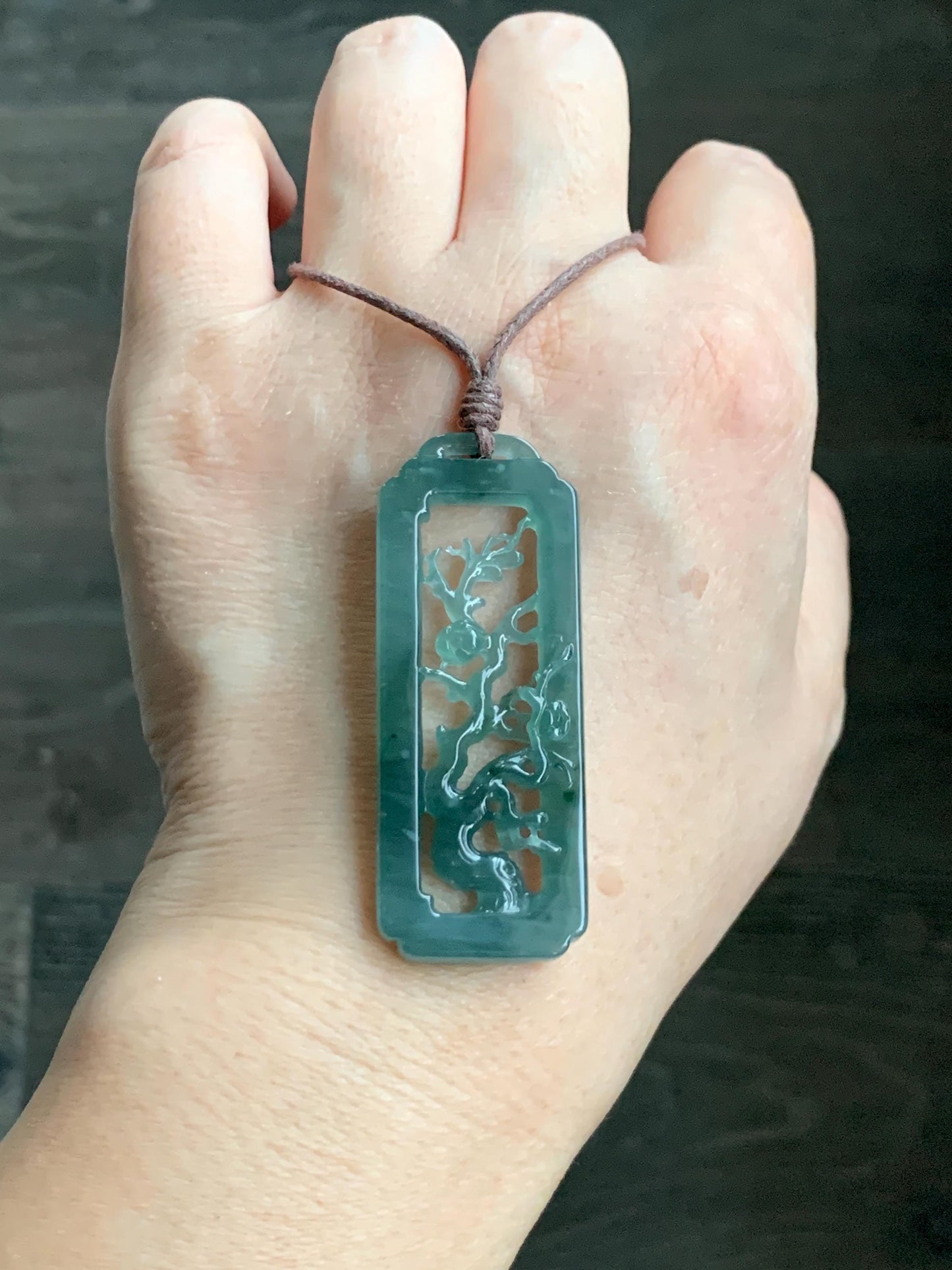Natural Grade A Guatemalan Icy Translucent Dusty Teal Green Jade Jadeite Cherry Blossom Pendant Rope Necklace 25” 天然冰危蓝绿翡翠梅花枝双面雕吊坠 WMH440B