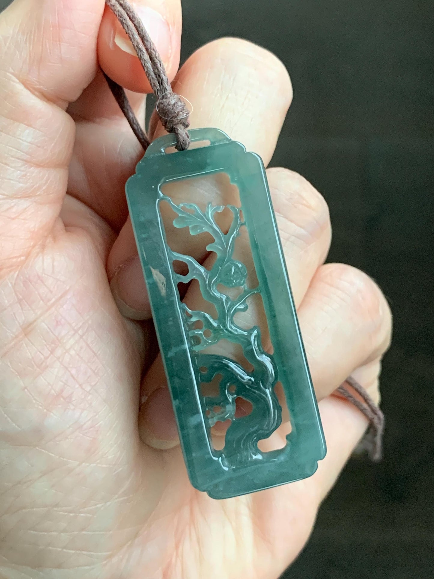 Natural Grade A Guatemalan Icy Translucent Dusty Teal Green Jade Jadeite Cherry Blossom Pendant Rope Necklace 25” 天然冰危蓝绿翡翠梅花枝双面雕吊坠 WMH440B