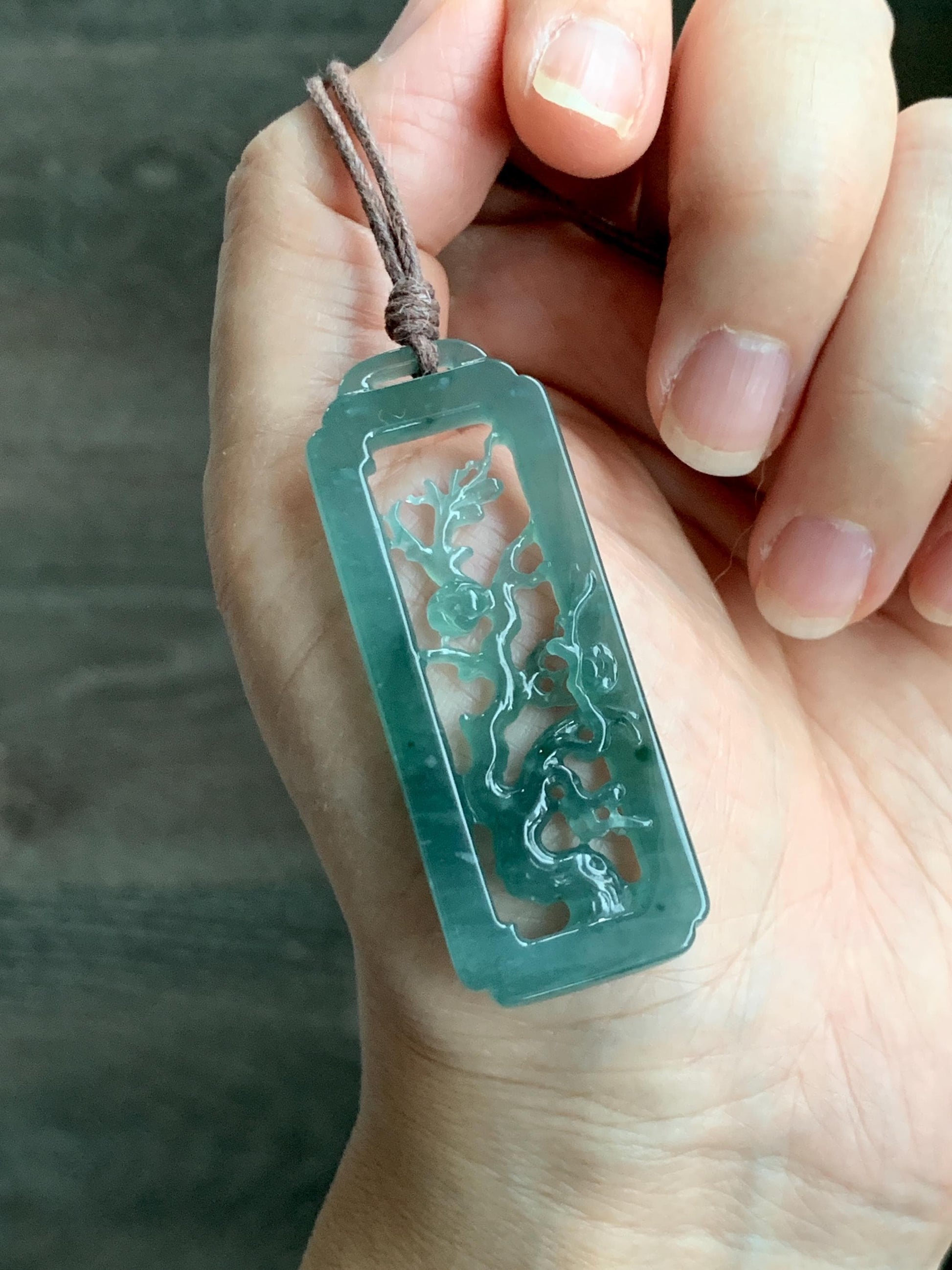 Natural Grade A Guatemalan Icy Translucent Dusty Teal Green Jade Jadeite Cherry Blossom Pendant Rope Necklace 25” 天然冰危蓝绿翡翠梅花枝双面雕吊坠 WMH440B