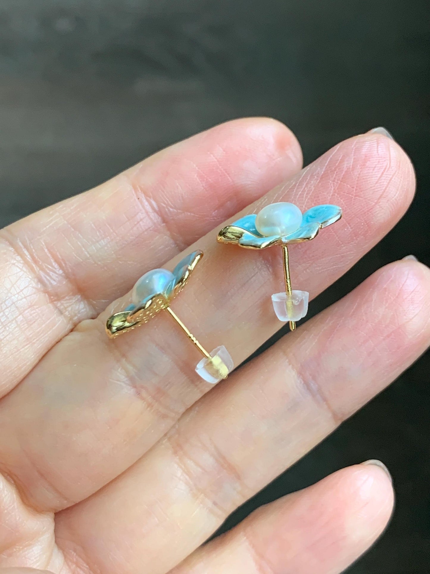 Natural Untreated Freshwater White Button Pearl Bow Stud Earrings Sterling Silver Posts Blue Enamel 6.3mm 天然淡水白珍珠蝴蝶结纯银针包金耳钉 E