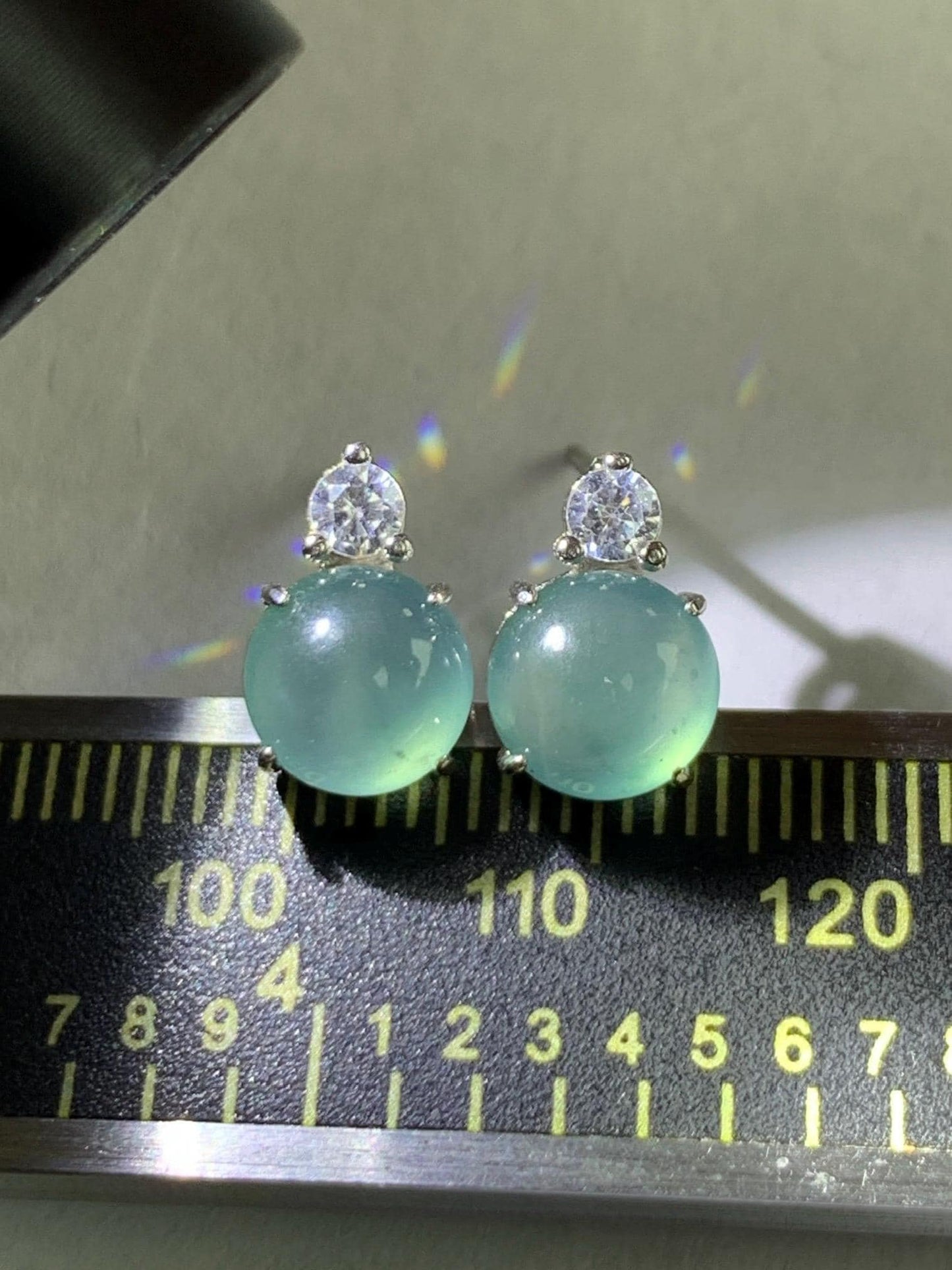 Natural Grade A Guatemalan Icy Highly Translucent Teal Green Jade Jadeite Stud Earrings Sterling Silver 7mm 天然冰危蓝绿翡翠银镶耳钉 DLD77