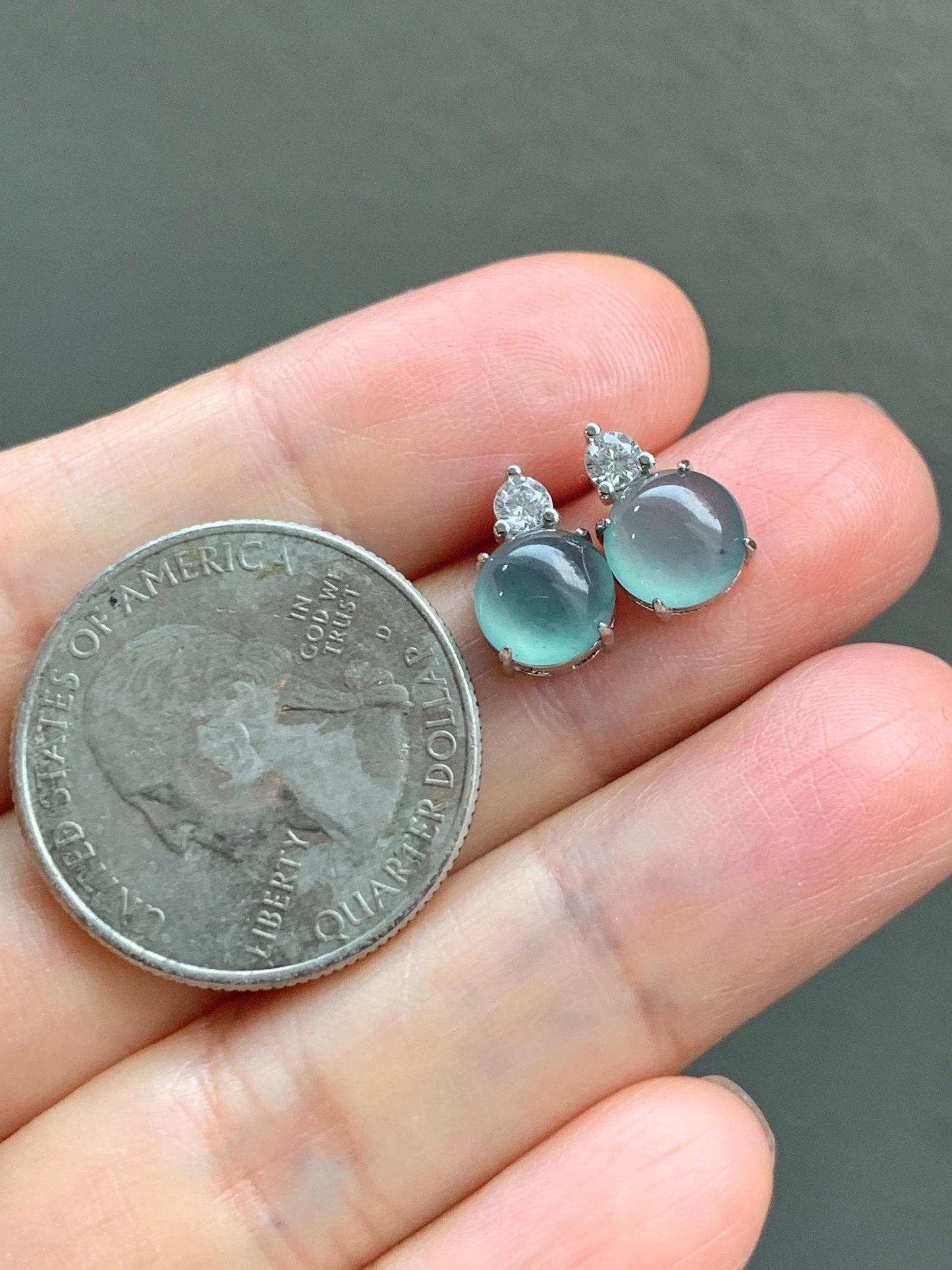 Natural Grade A Guatemalan Icy Highly Translucent Teal Green Jade Jadeite Stud Earrings Sterling Silver 7mm 天然冰危蓝绿翡翠银镶耳钉 DLD77