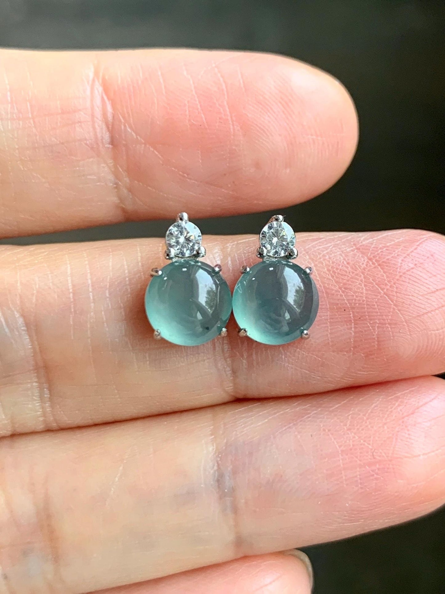 Natural Grade A Guatemalan Icy Highly Translucent Teal Green Jade Jadeite Stud Earrings Sterling Silver 7mm 天然冰危蓝绿翡翠银镶耳钉 DLD77