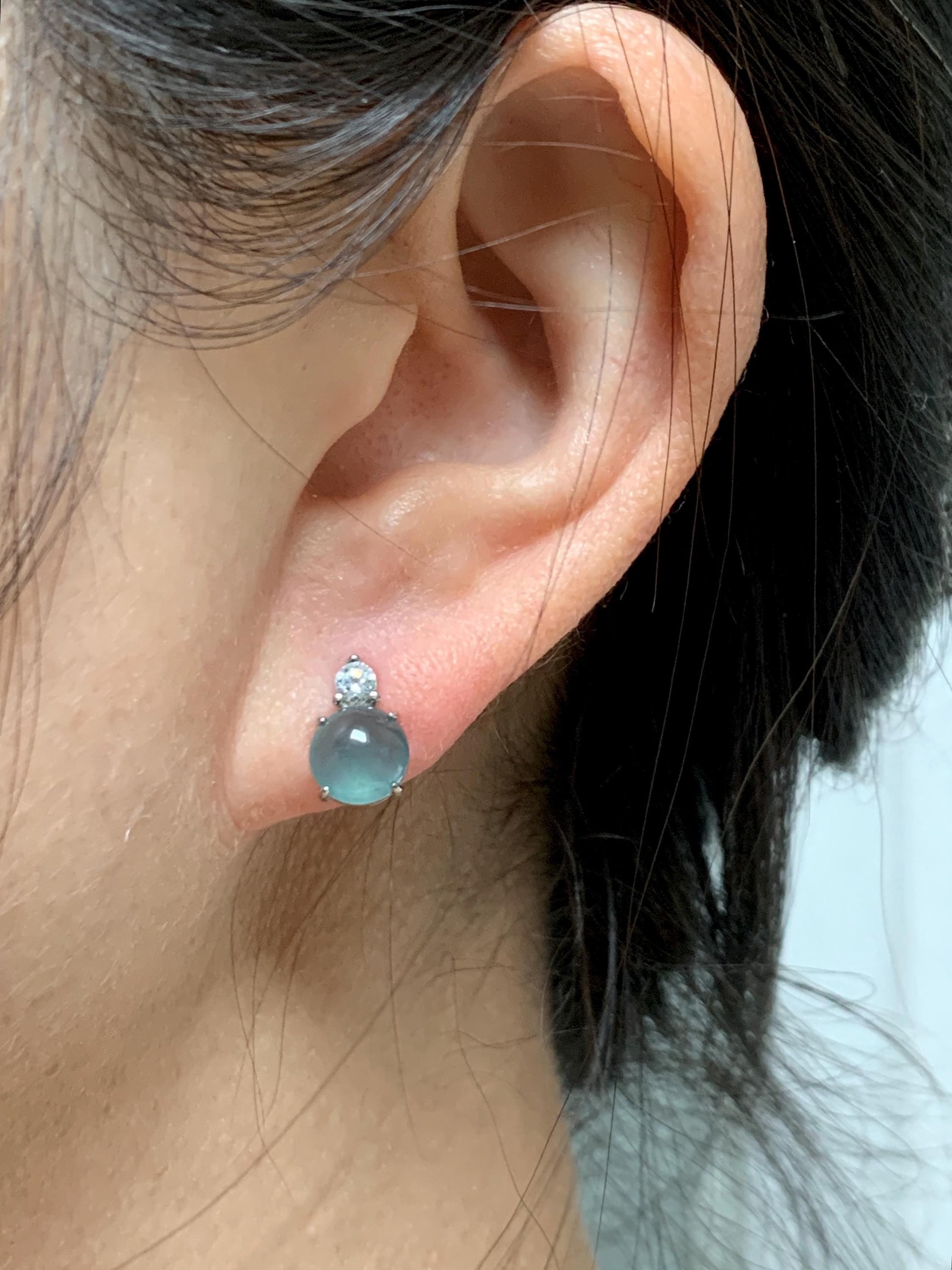 Natural Grade A Guatemalan Icy Highly Translucent Teal Green Jade Jadeite Stud Earrings Sterling Silver 7mm 天然冰危蓝绿翡翠银镶耳钉 DLD77