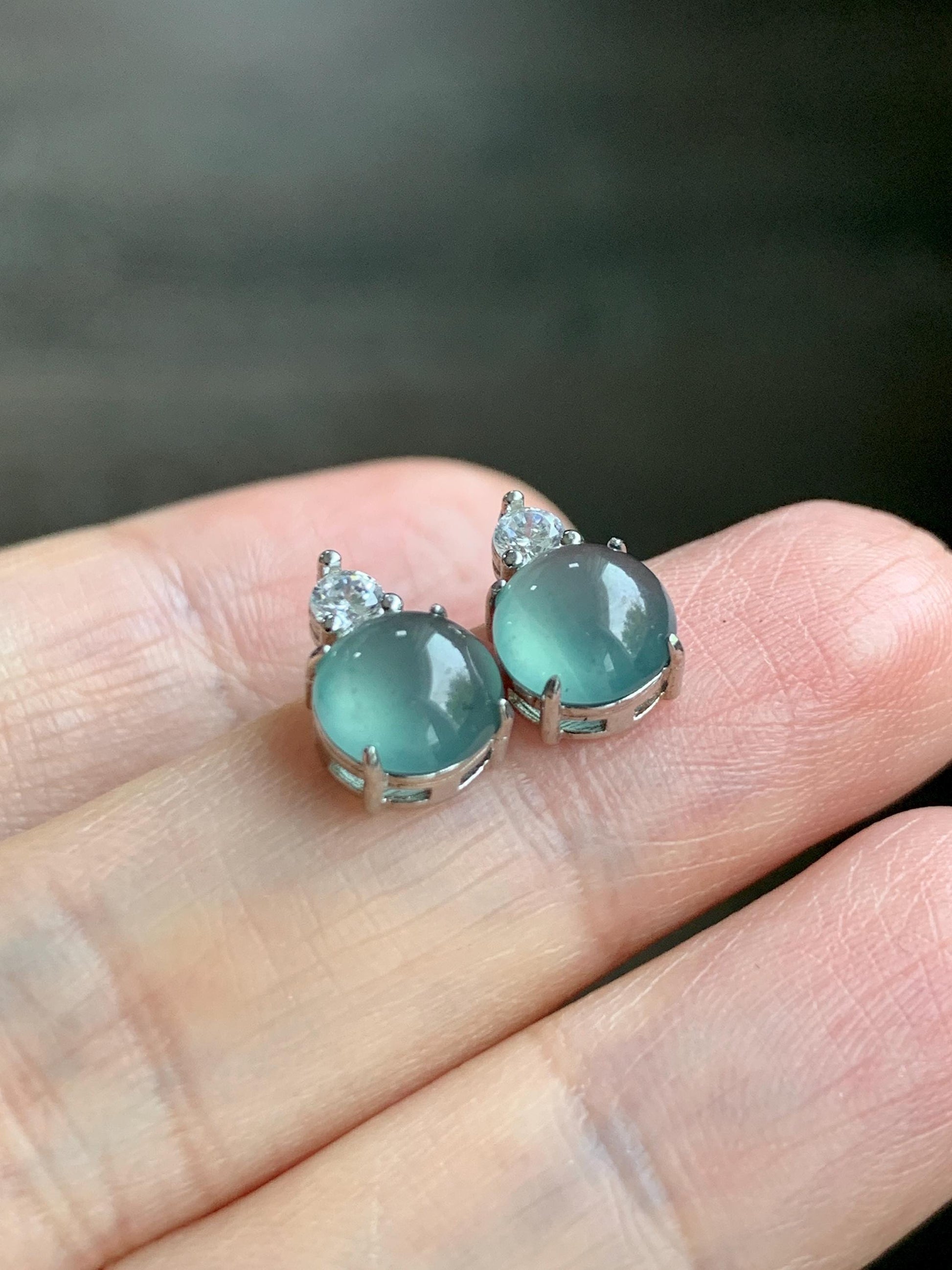 Natural Grade A Guatemalan Icy Highly Translucent Teal Green Jade Jadeite Stud Earrings Sterling Silver 7mm 天然冰危蓝绿翡翠银镶耳钉 DLD77