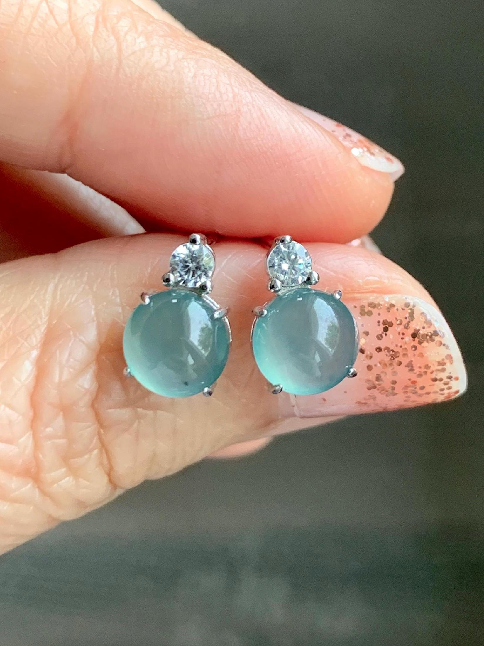 Natural Grade A Guatemalan Icy Highly Translucent Teal Green Jade Jadeite Stud Earrings Sterling Silver 7mm 天然冰危蓝绿翡翠银镶耳钉 DLD77