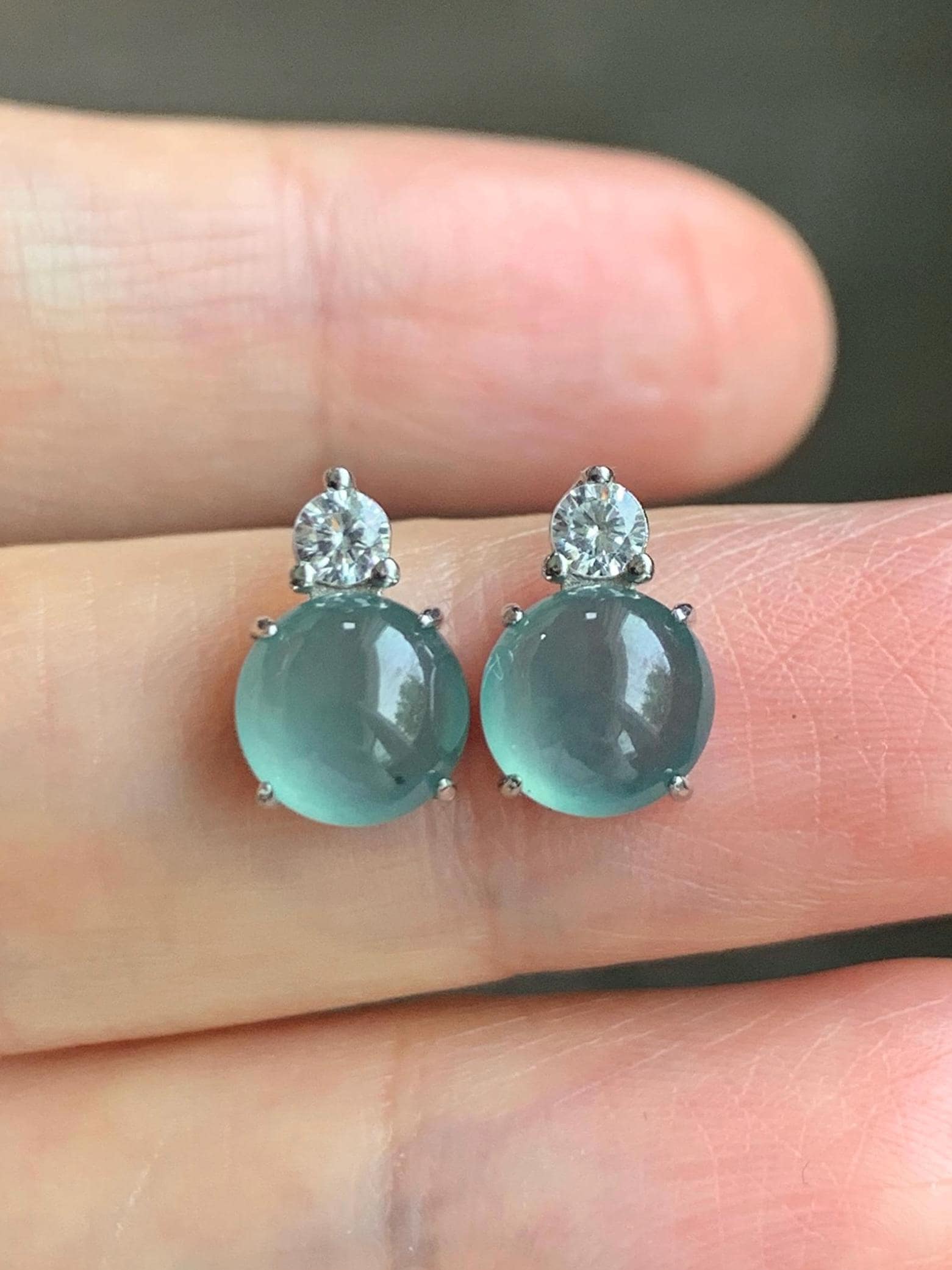 Natural Grade A Guatemalan Icy Highly Translucent Teal Green Jade Jadeite Stud Earrings Sterling Silver 7mm 天然冰危蓝绿翡翠银镶耳钉 DLD77
