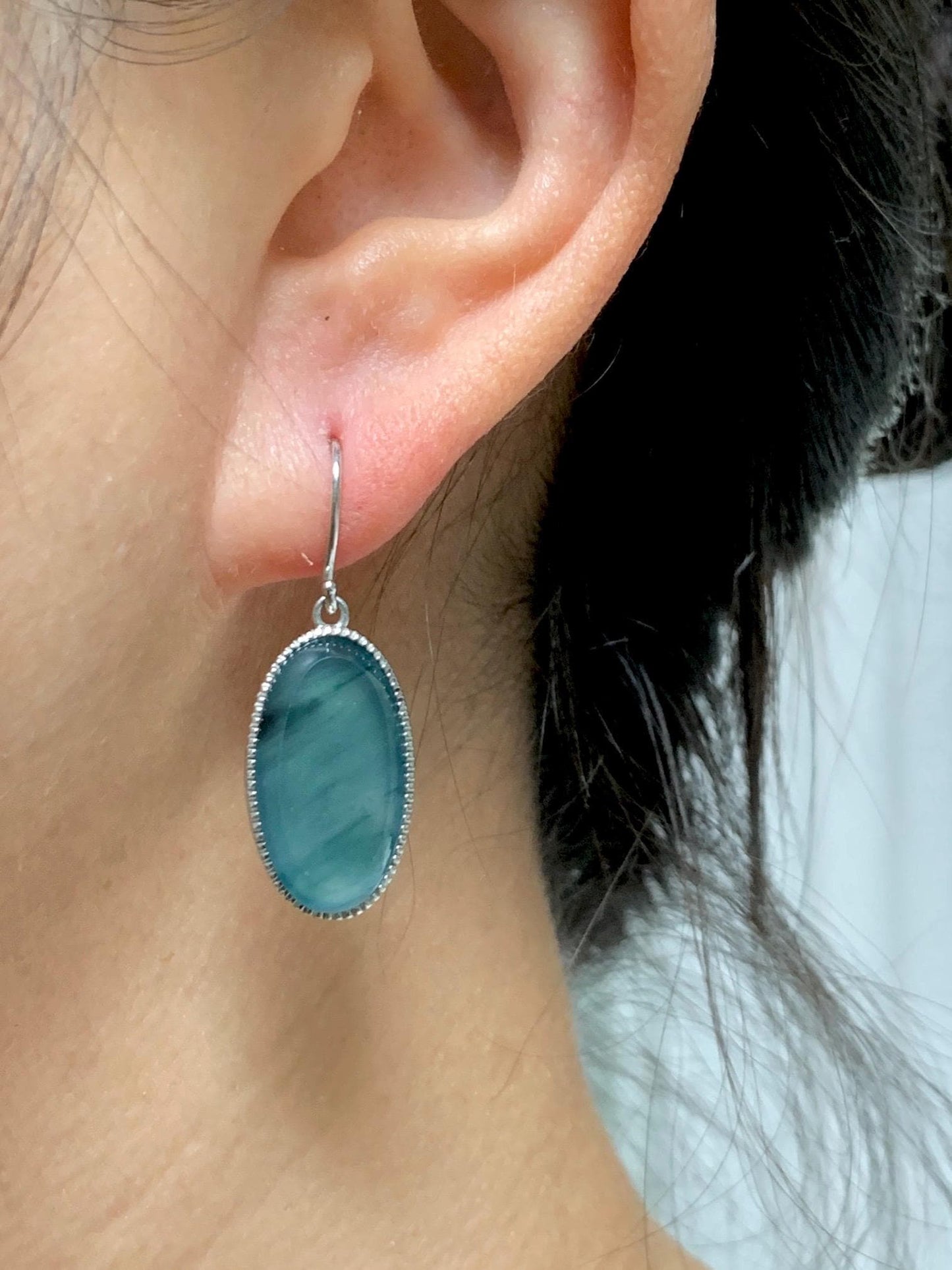 Certified Natural Grade A Guatemalan Icy Translucent Teal Green Marbled Jade Jadeite Oval Dangle Earrings Sterling Silver 天然冰危飘绿翡翠银镶耳钩 178