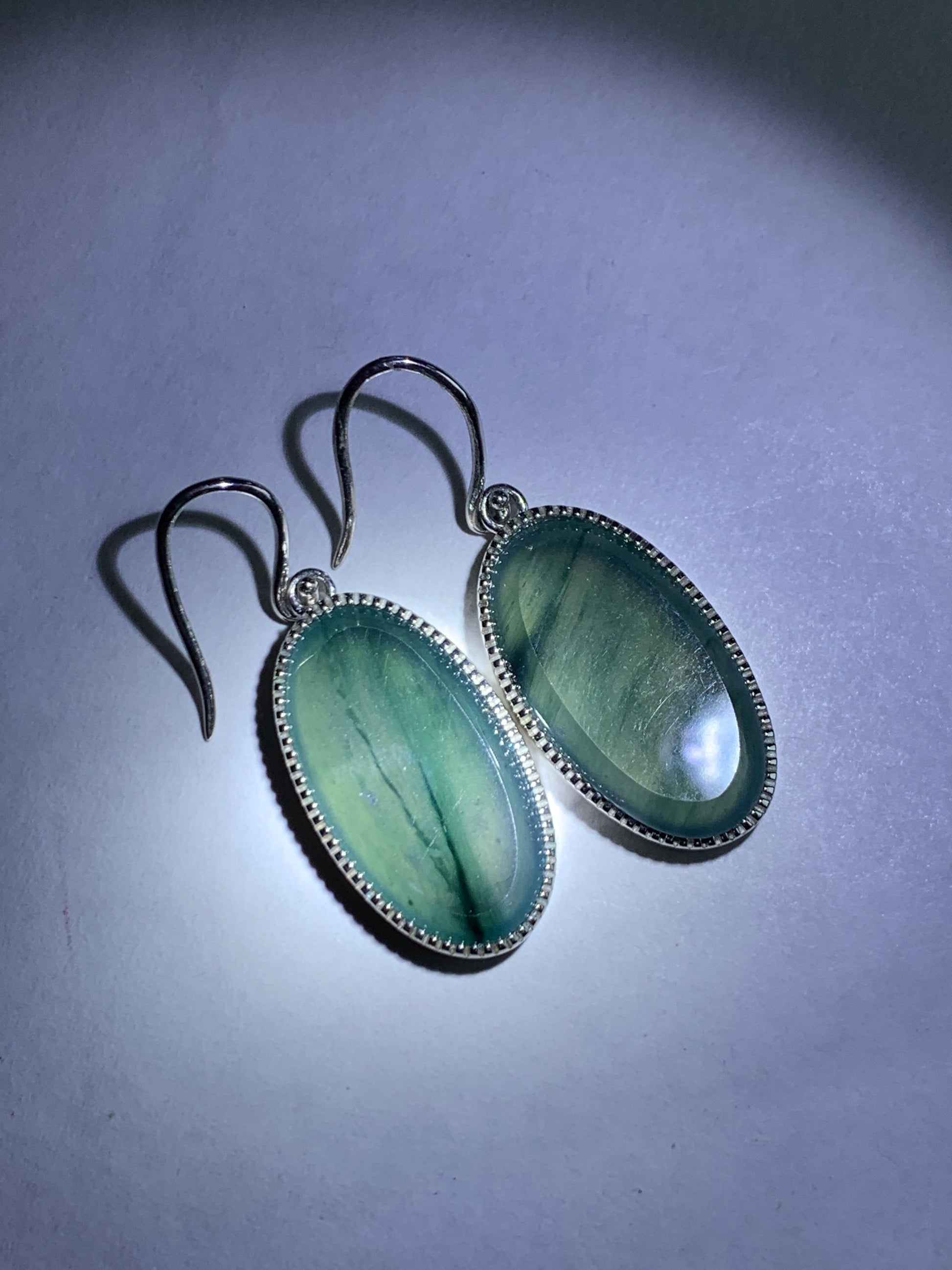 Certified Natural Grade A Guatemalan Icy Translucent Teal Green Marbled Jade Jadeite Oval Dangle Earrings Sterling Silver 天然冰危飘绿翡翠银镶耳钩 178